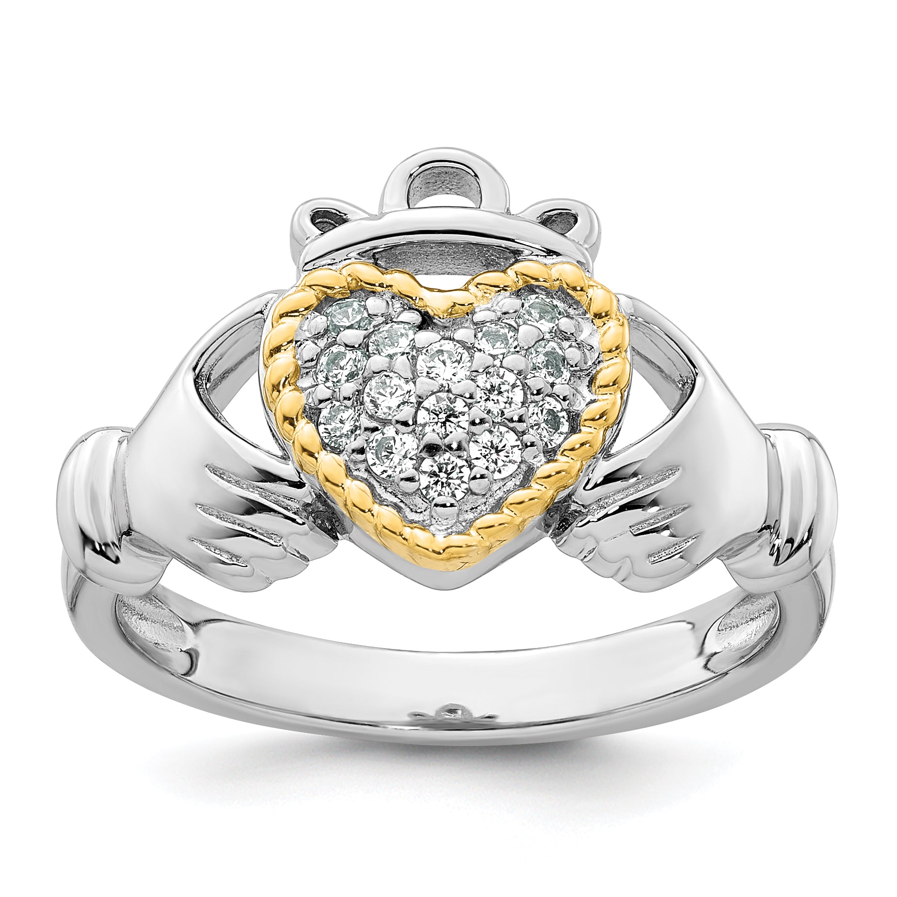 Sterling Silver Rhodium-Plated with 14k Accent Polished Cubic Zirconi Size 7 Claddagh Ring Main image