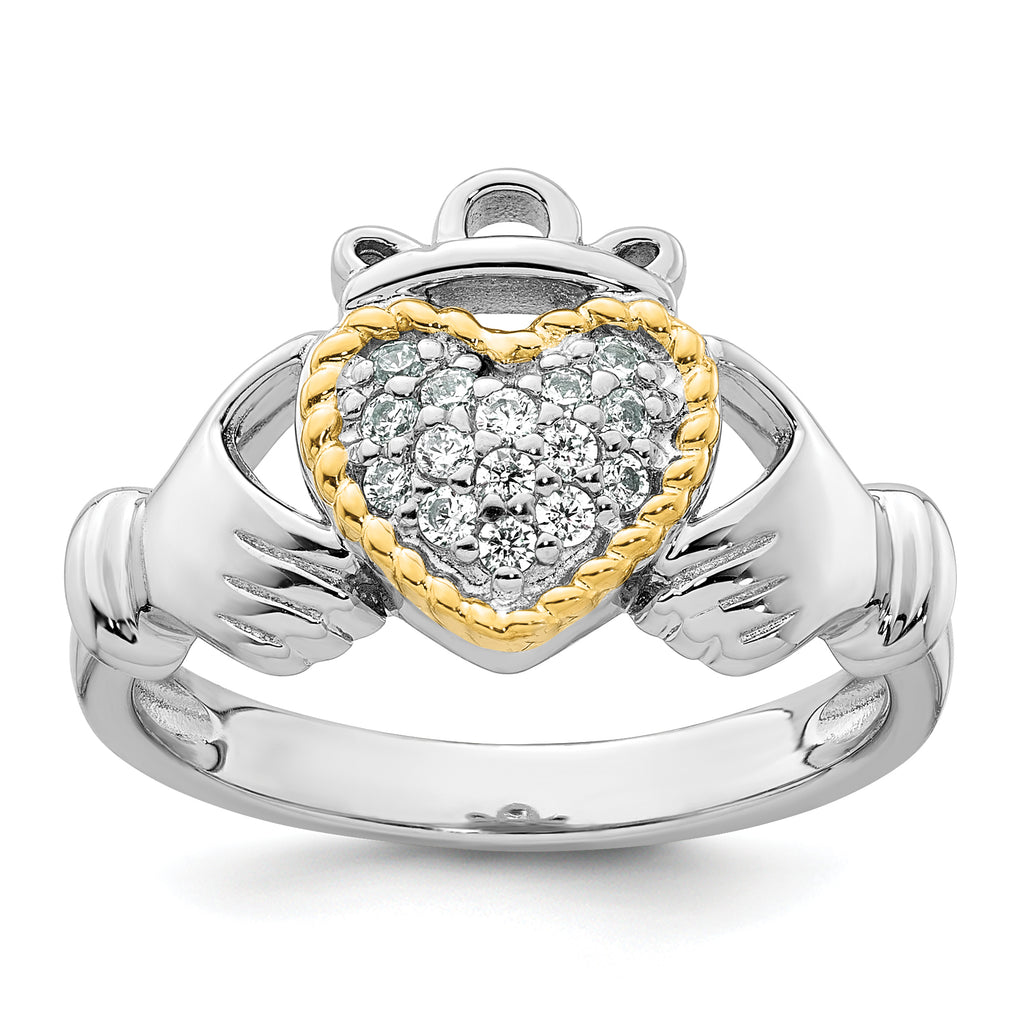 Sterling Silver Rhodium-Plated with 14k Accent Polished Cubic Zirconi Size 7 Claddagh Ring
