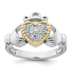 Sterling Silver Rhodium-Plated with 14k Accent Polished Cubic Zirconi Size 7 Claddagh Ring