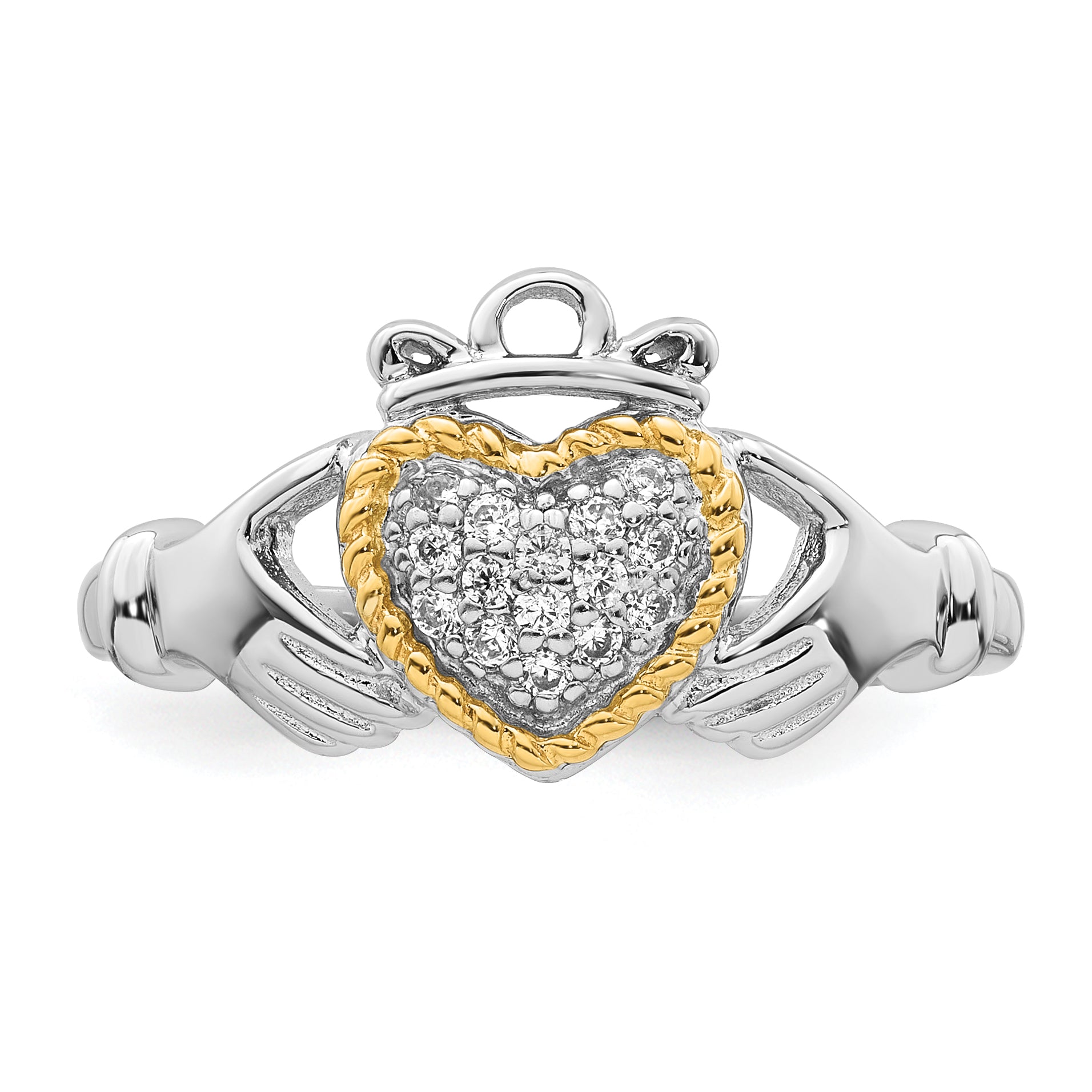 Sterling Silver Rhodium-plated with 14k Accent Polished CZ Size 8 Claddagh Ring