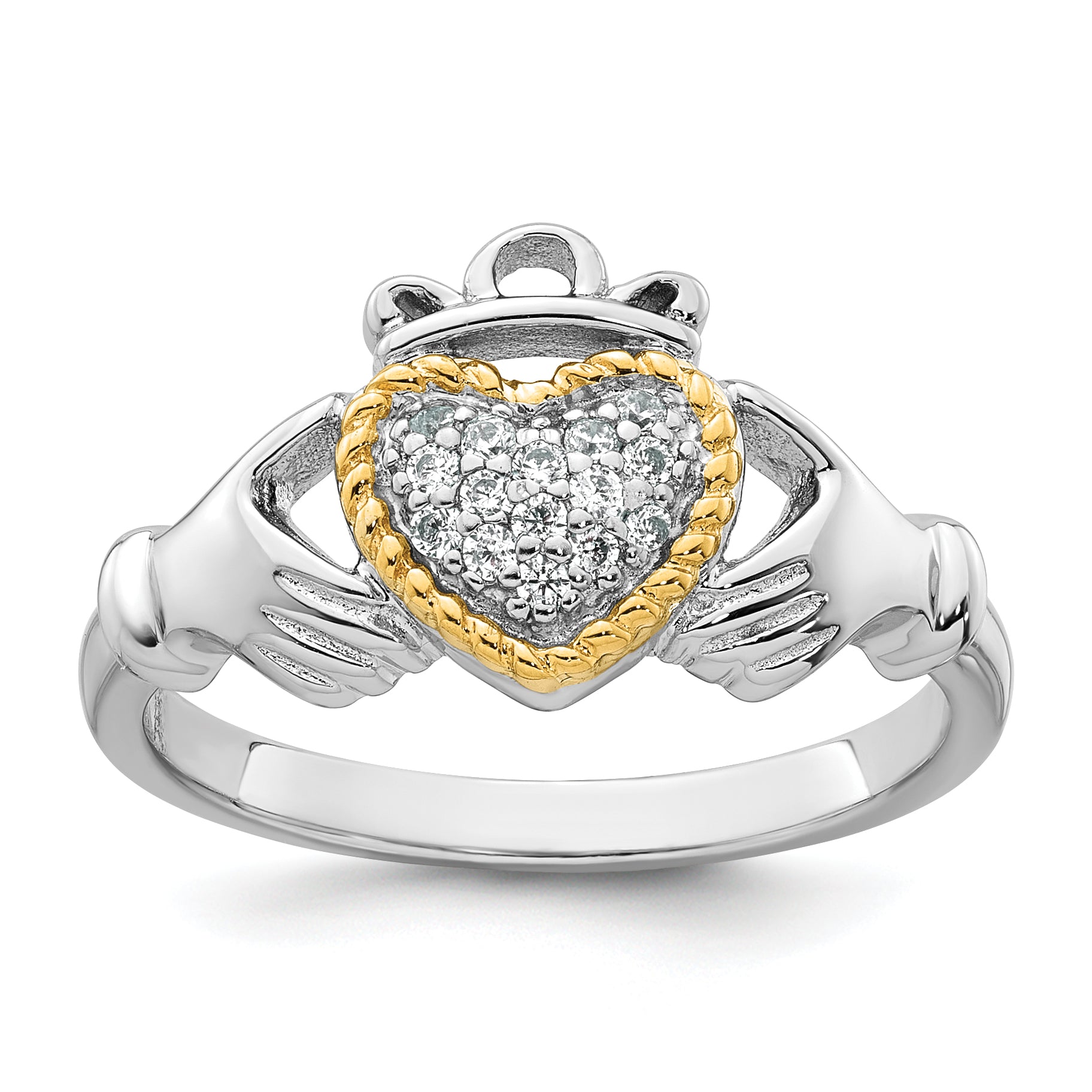 Sterling Silver Rhodium-plated with 14k Accent Polished CZ Size 8 Claddagh Ring Main image