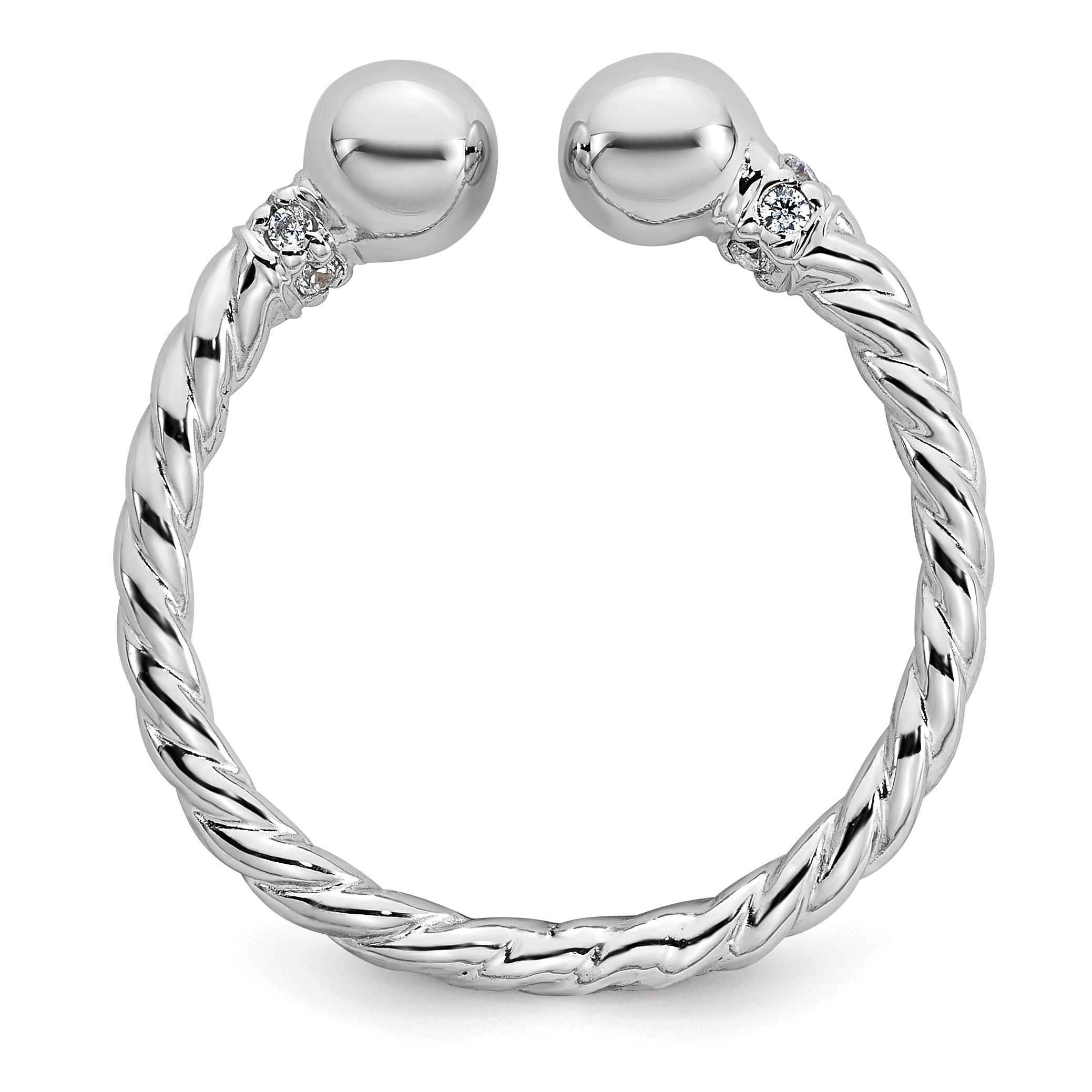 Sterling Silver Rhodium-plated Polished and Twisted CZ Ball End Size 6 Ring Secondary image