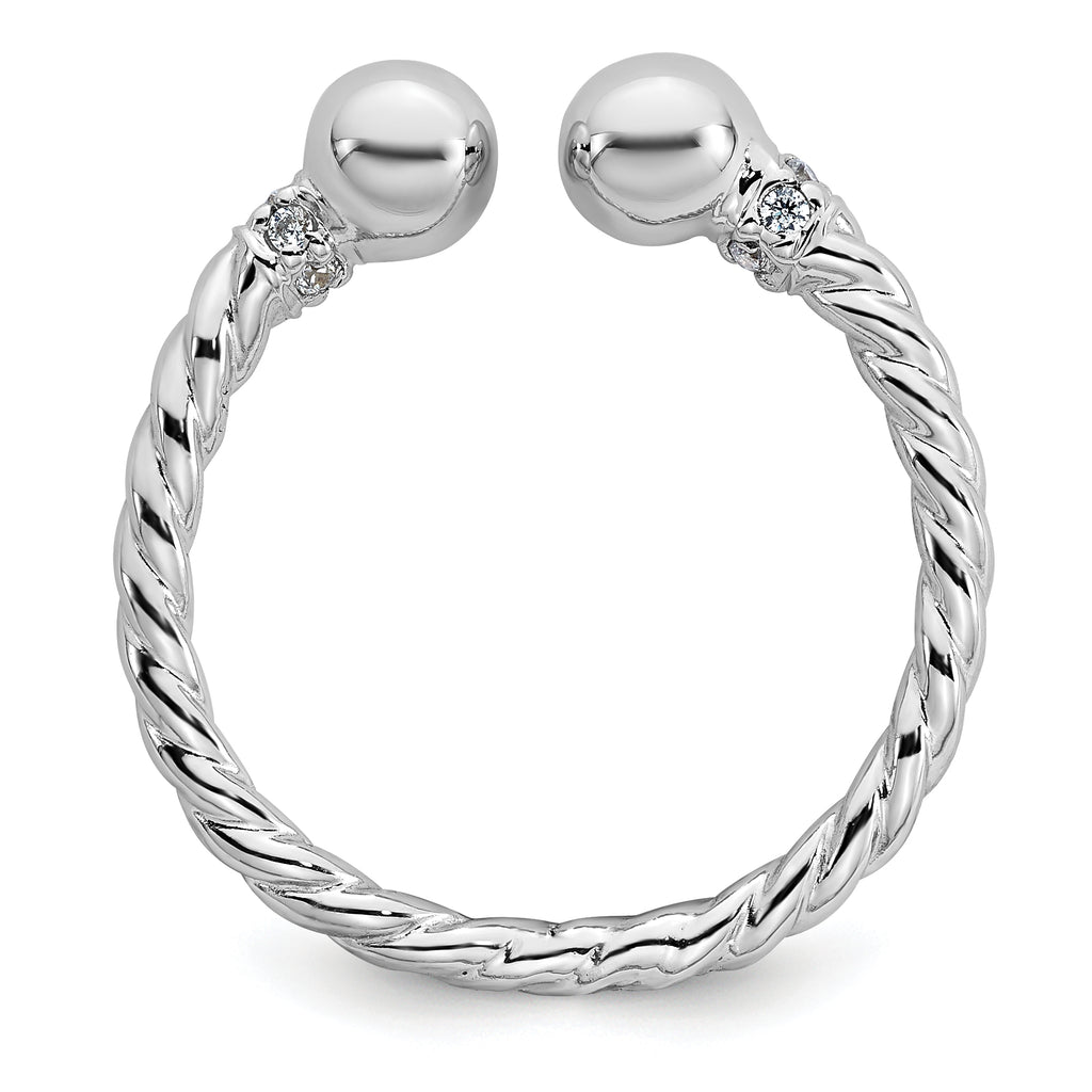 Sterling Silver Rhodium-plated Polished and Twisted CZ Ball End Size 8 Ring
