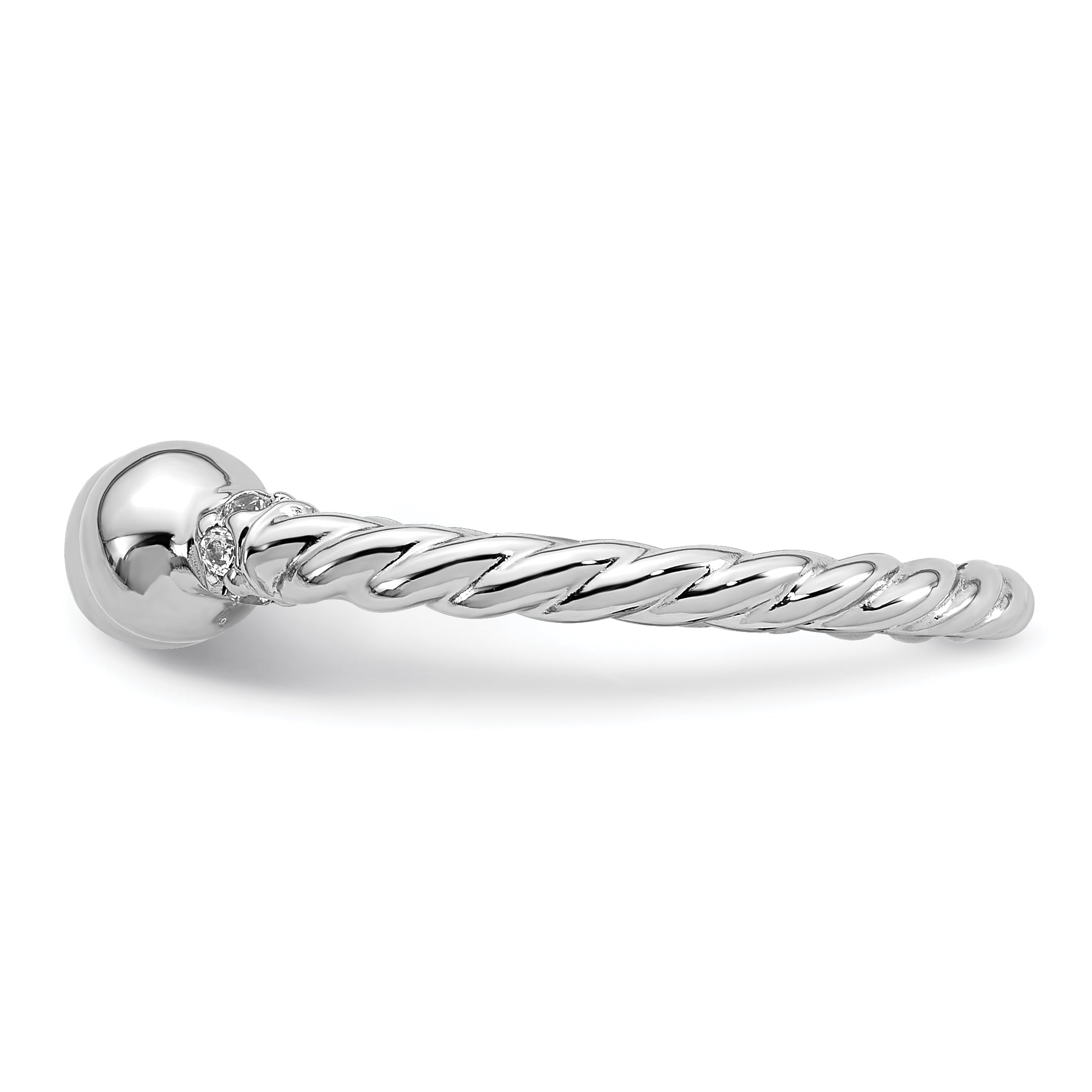 Sterling Silver Rhodium-plated Polished and Twisted CZ Ball End Size 8 Ring