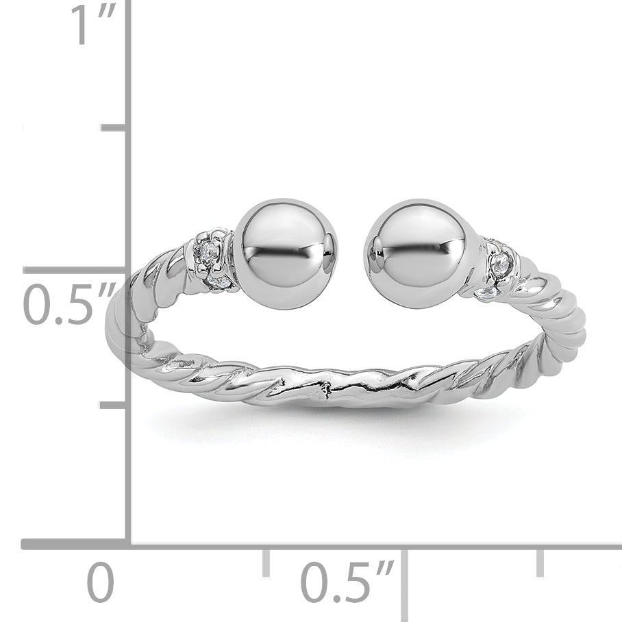 Sterling Silver Rhodium-plated Polished and Twisted CZ Ball End Size 8 Ring