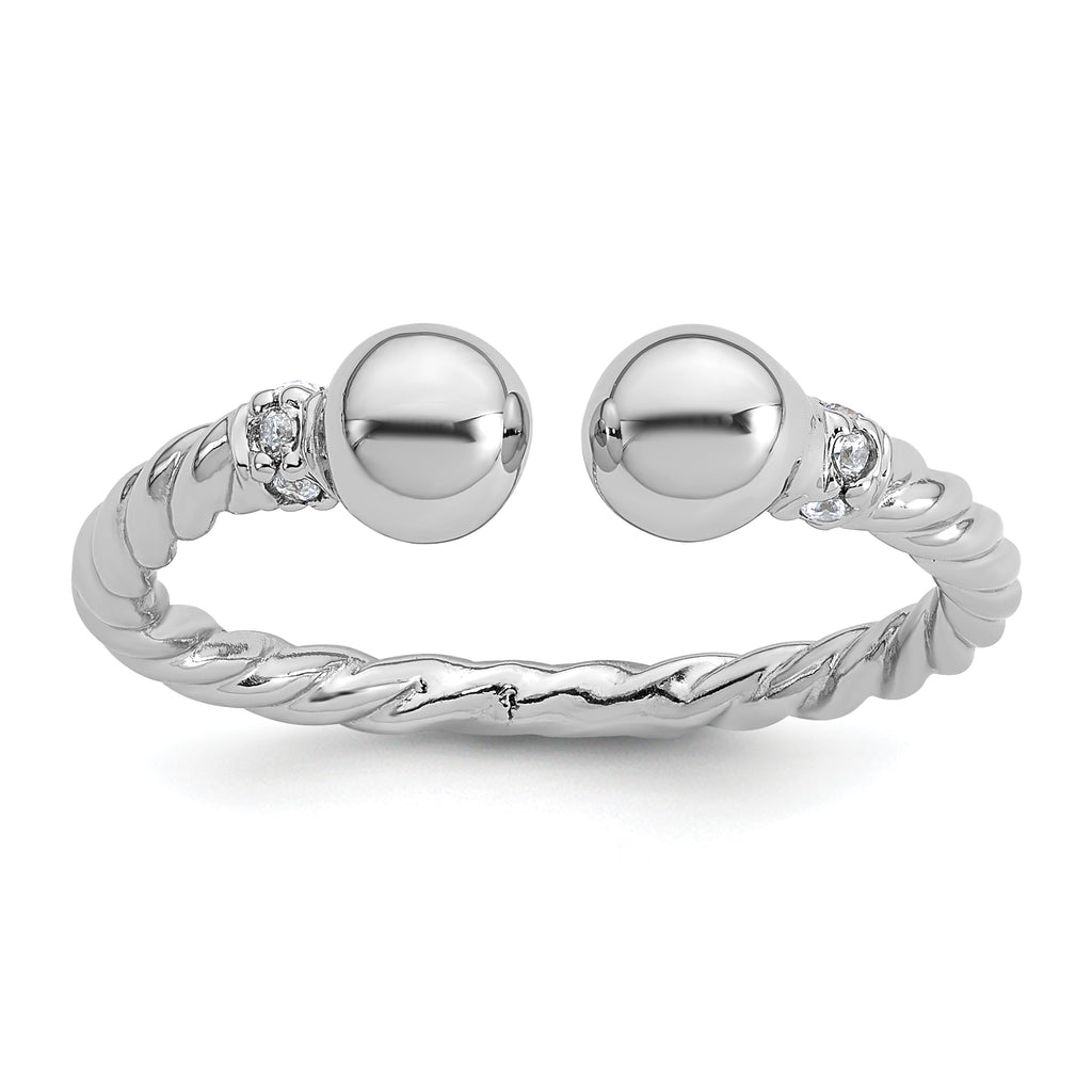 Sterling Silver Rhodium-plated Polished and Twisted CZ Ball End Size 8 Ring