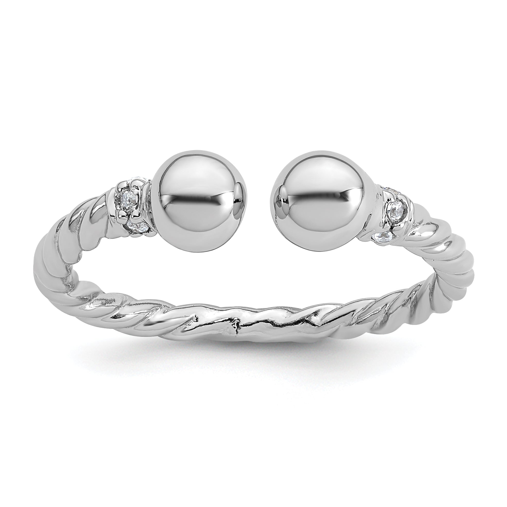 Sterling Silver Rhodium-plated Polished and Twisted CZ Ball End Size 8 Ring