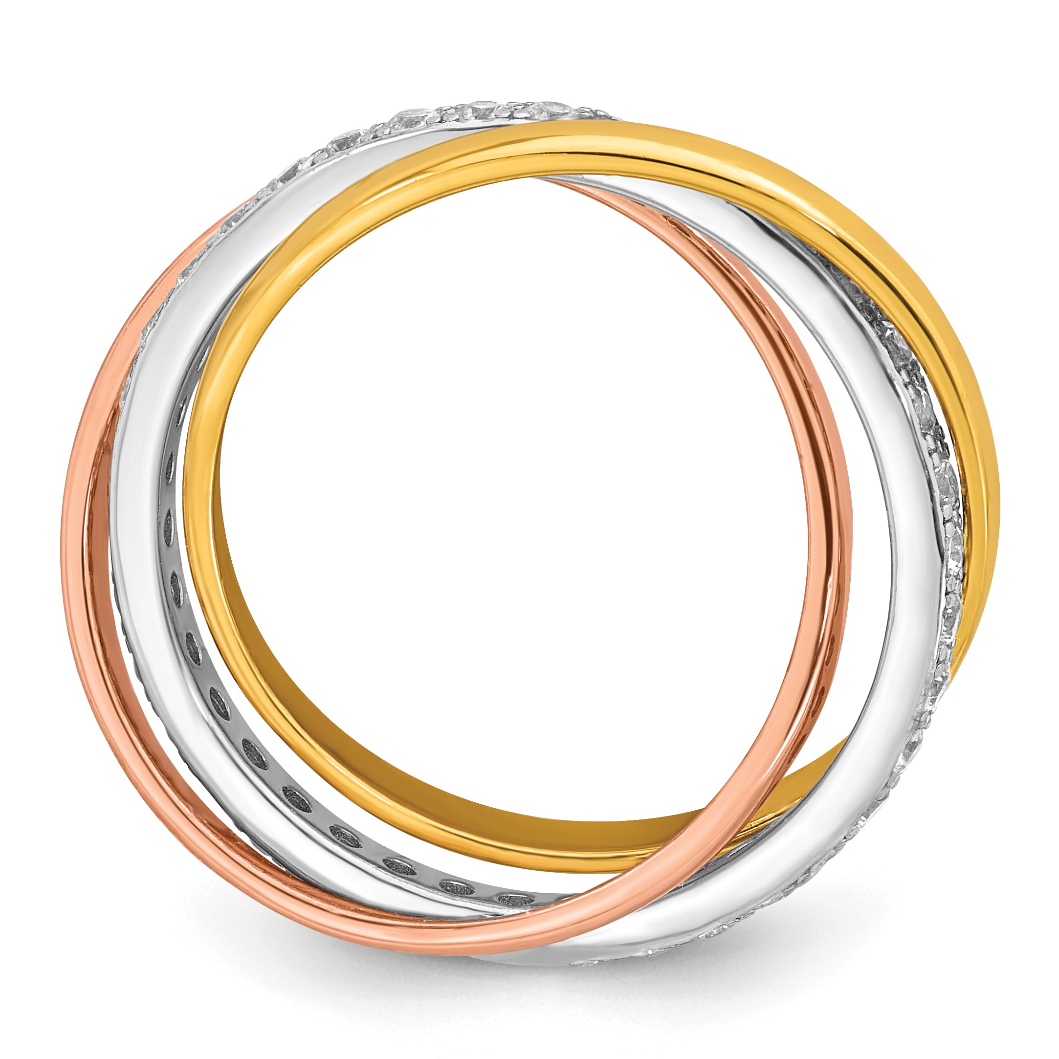 Sterling Silver Rhodium-plated Rose-tone and Gold-tone Polished CZ Intertwined Triple Band Size 6 Ring Secondary image
