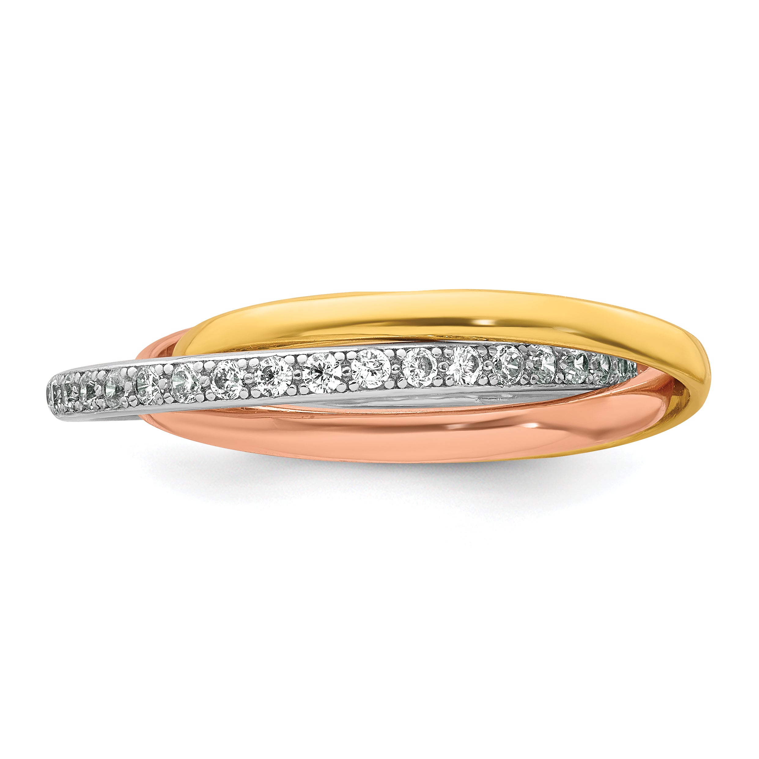 Sterling Silver Rhodium-plated Rose-tone and Gold-tone Polished CZ Intertwined Triple Band Size 8 Ring