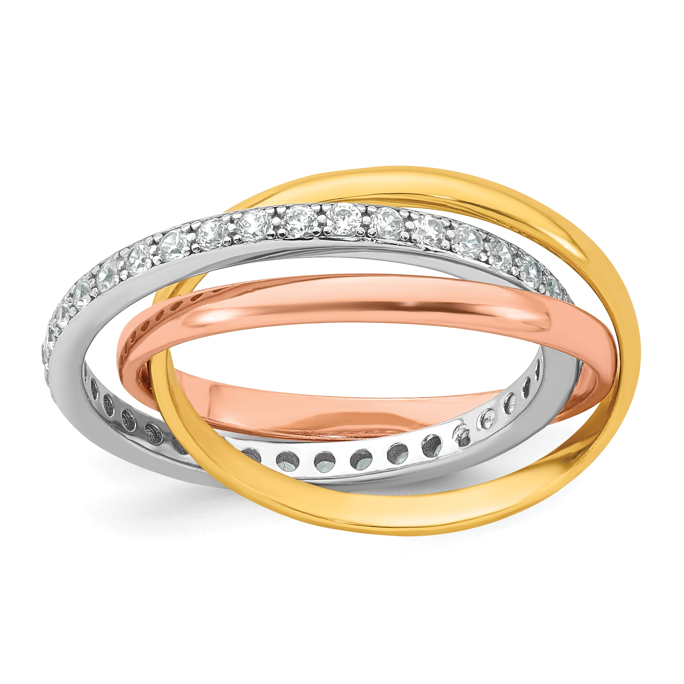 Sterling Silver Rhodium-plated Rose-tone and Gold-tone Polished CZ Intertwined Triple Band Size 8 Ring Main image