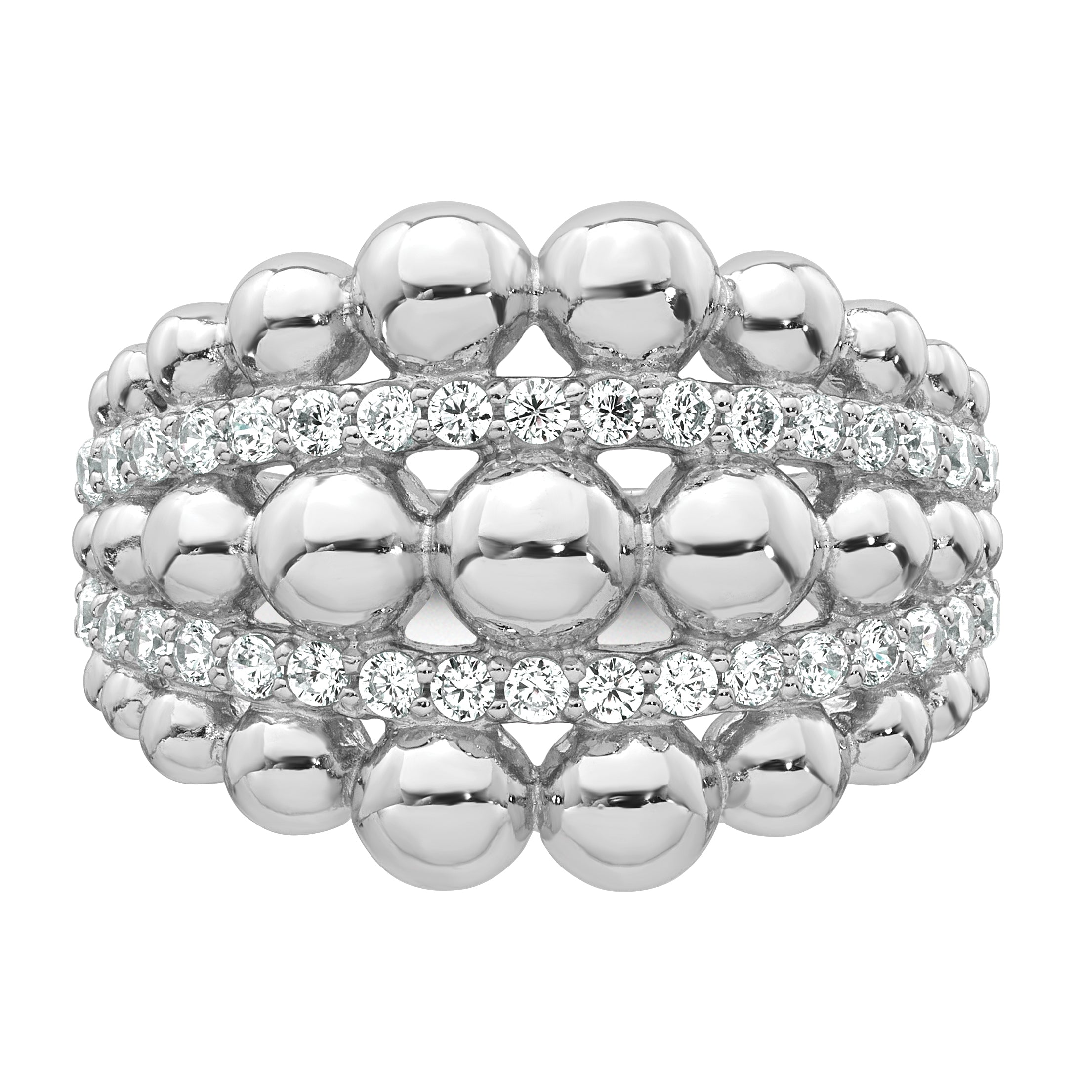 Sterling Silver Rhodium-plated Polished Graduated Beaded Fancy CZ Size 8 Ring