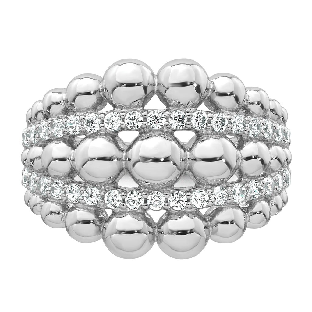 Sterling Silver Rhodium-plated Polished Graduated Beaded Fancy CZ Size 8 Ring