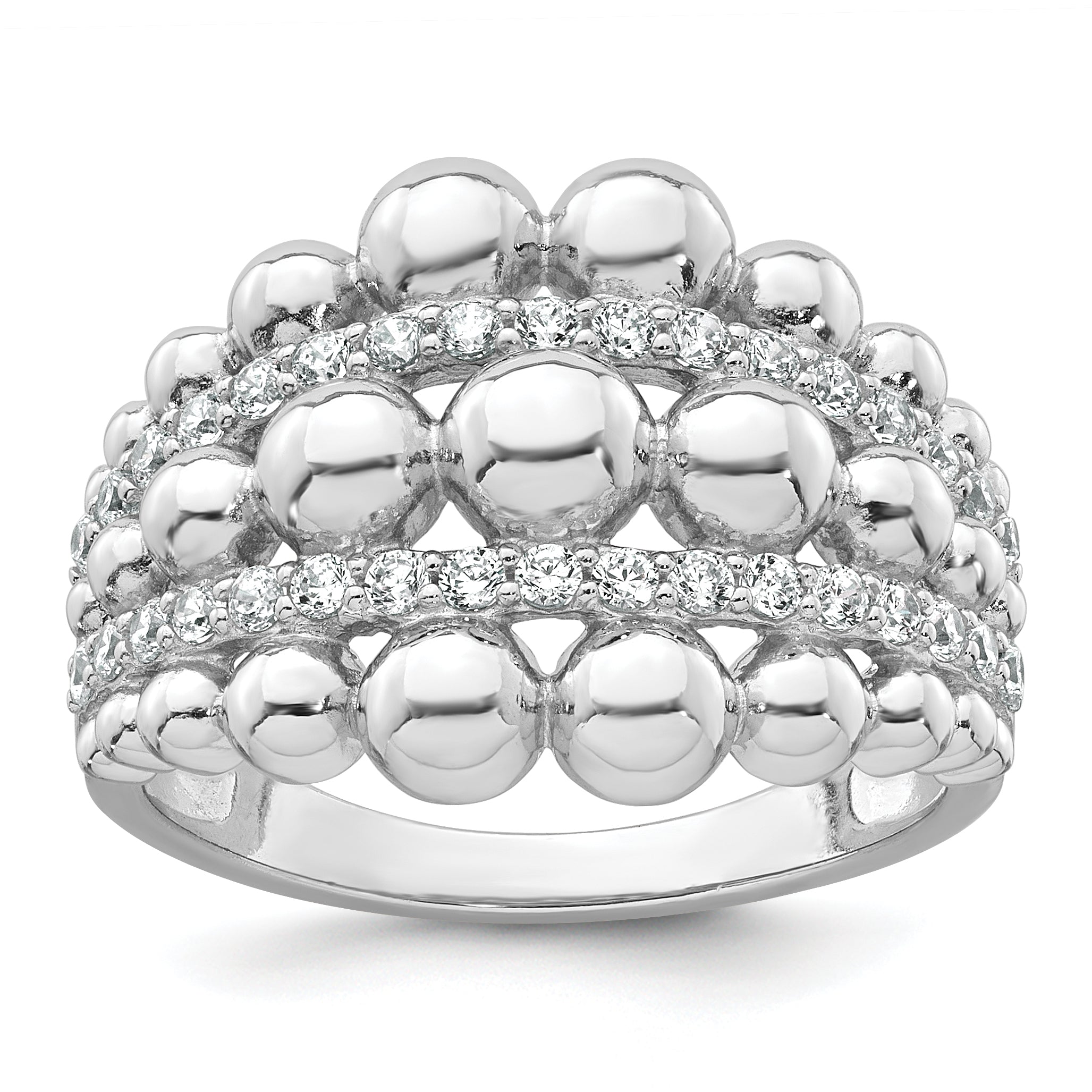 Sterling Silver Rhodium-plated Polished Graduated Beaded Fancy CZ Size 8 Ring Main image