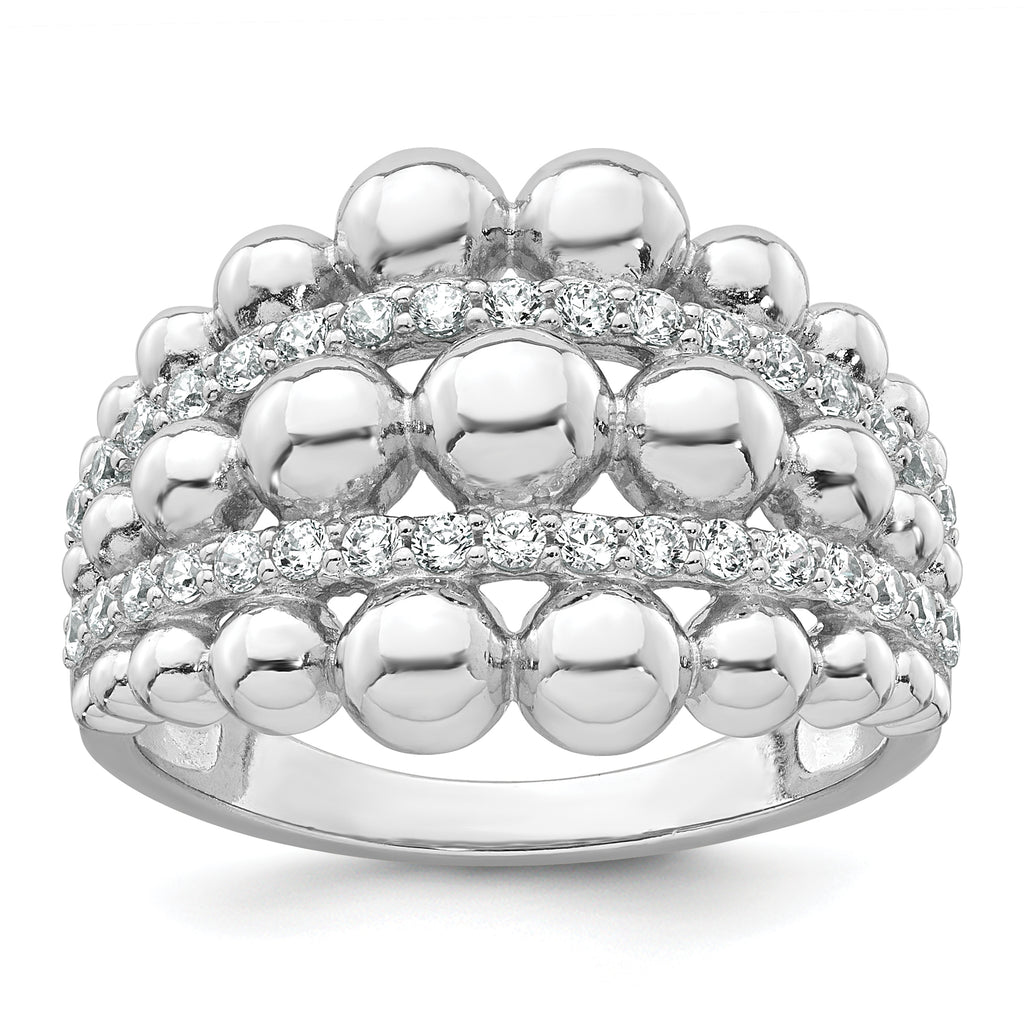 Sterling Silver Rhodium-plated Polished Graduated Beaded Fancy CZ Size 8 Ring