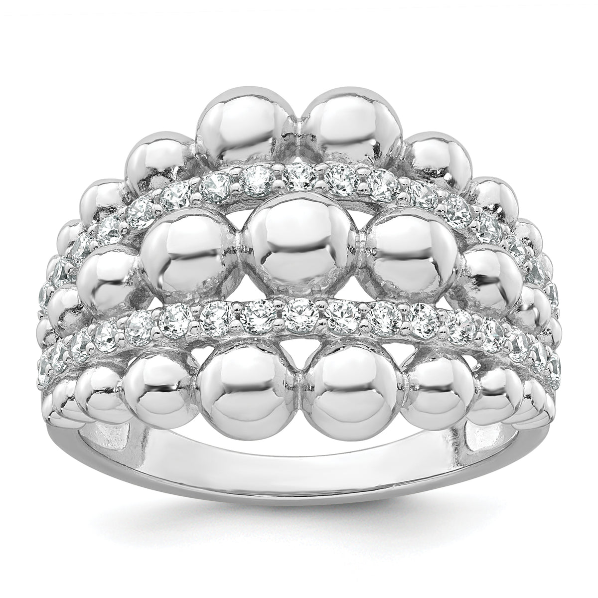 Sterling Silver Rhodium-plated Polished Graduated Beaded Fancy CZ Size 8 Ring