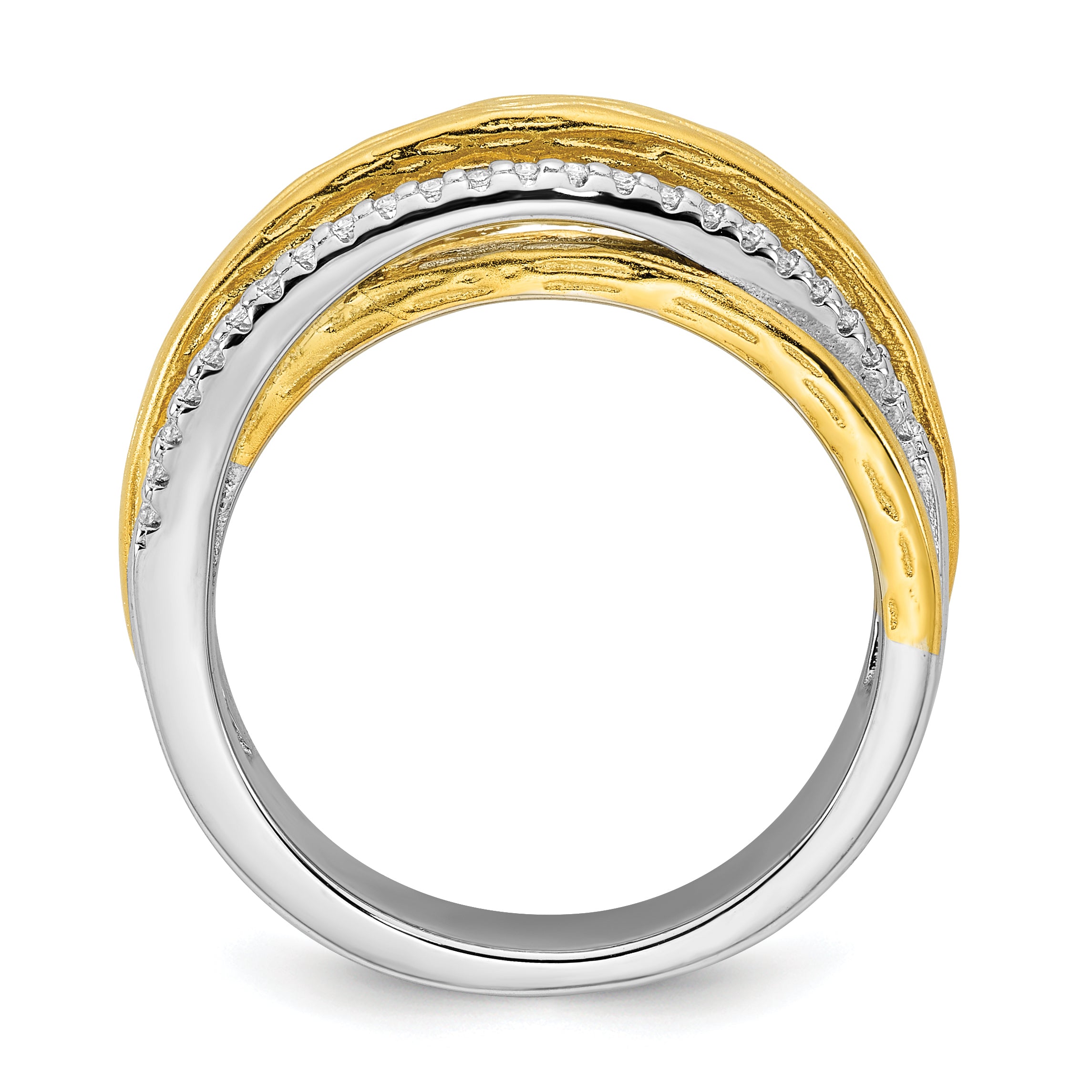 Sterling Silver Rhodium-plated and Gold-tone CZ Textured Brushed 4-Row Size 8 Ring