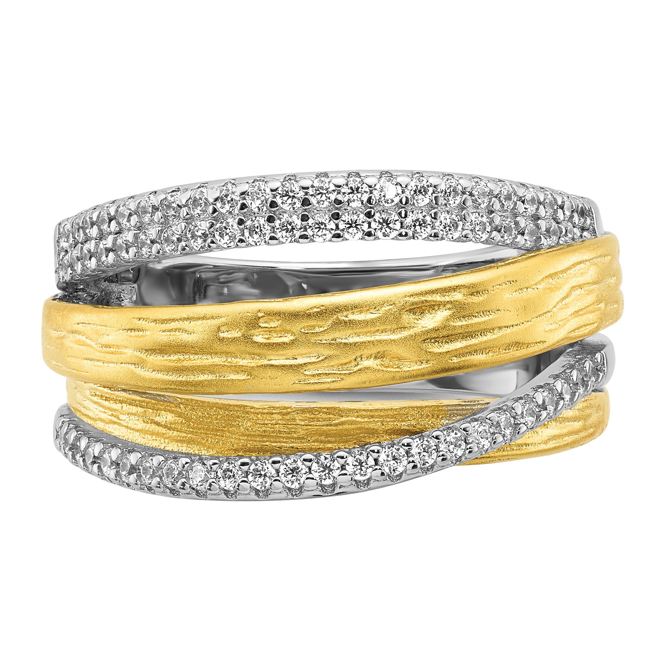 Sterling Silver Rhodium-plated and Gold-tone CZ Textured Brushed 4-Row Size 8 Ring