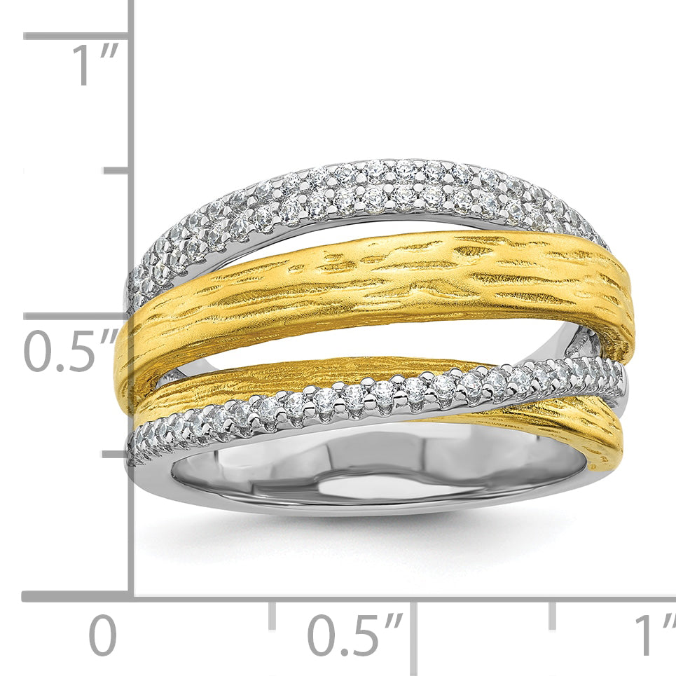 Sterling Silver Rhodium-plated and Gold-tone CZ Textured Brushed 4-Row Size 8 Ring