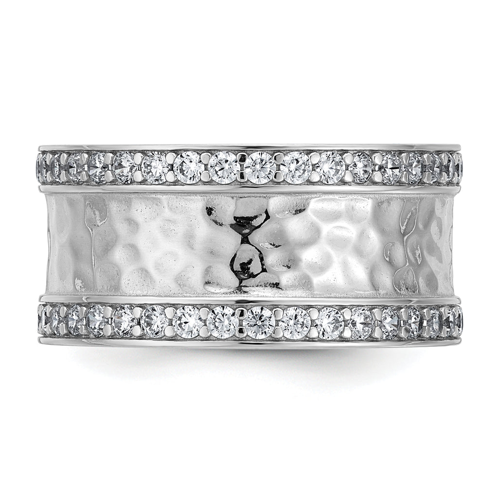 Sterling Silver Rhodium-plated CZ Polished And Hammered 9.5mm Band Size 8 Ring