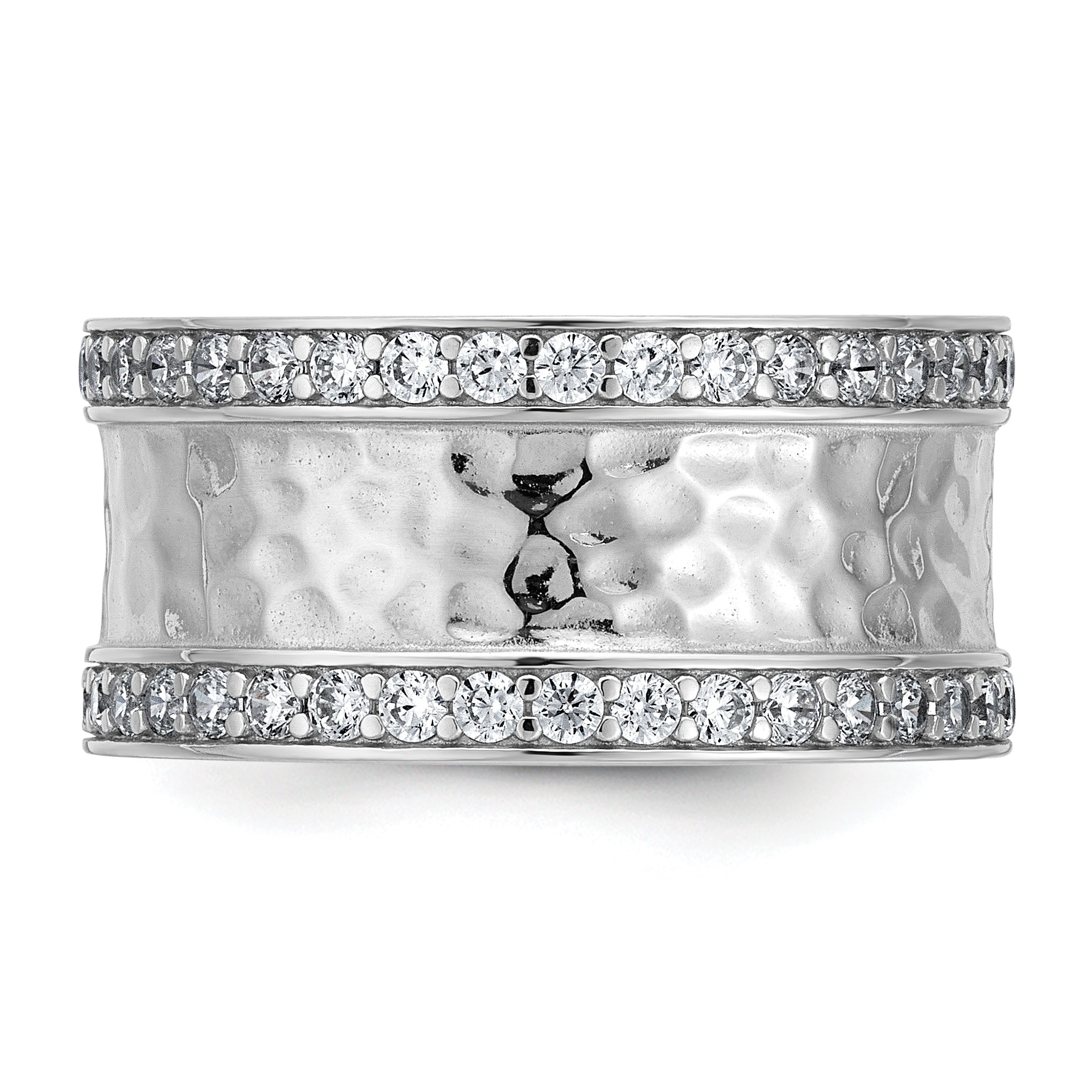 Sterling Silver Rhodium-plated CZ Polished And Hammered 9.5mm Band Size 8 Ring