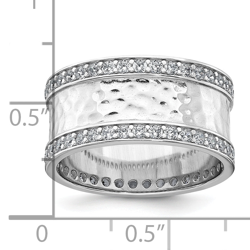 Sterling Silver Rhodium-plated CZ Polished And Hammered 9.5mm Band Size 8 Ring