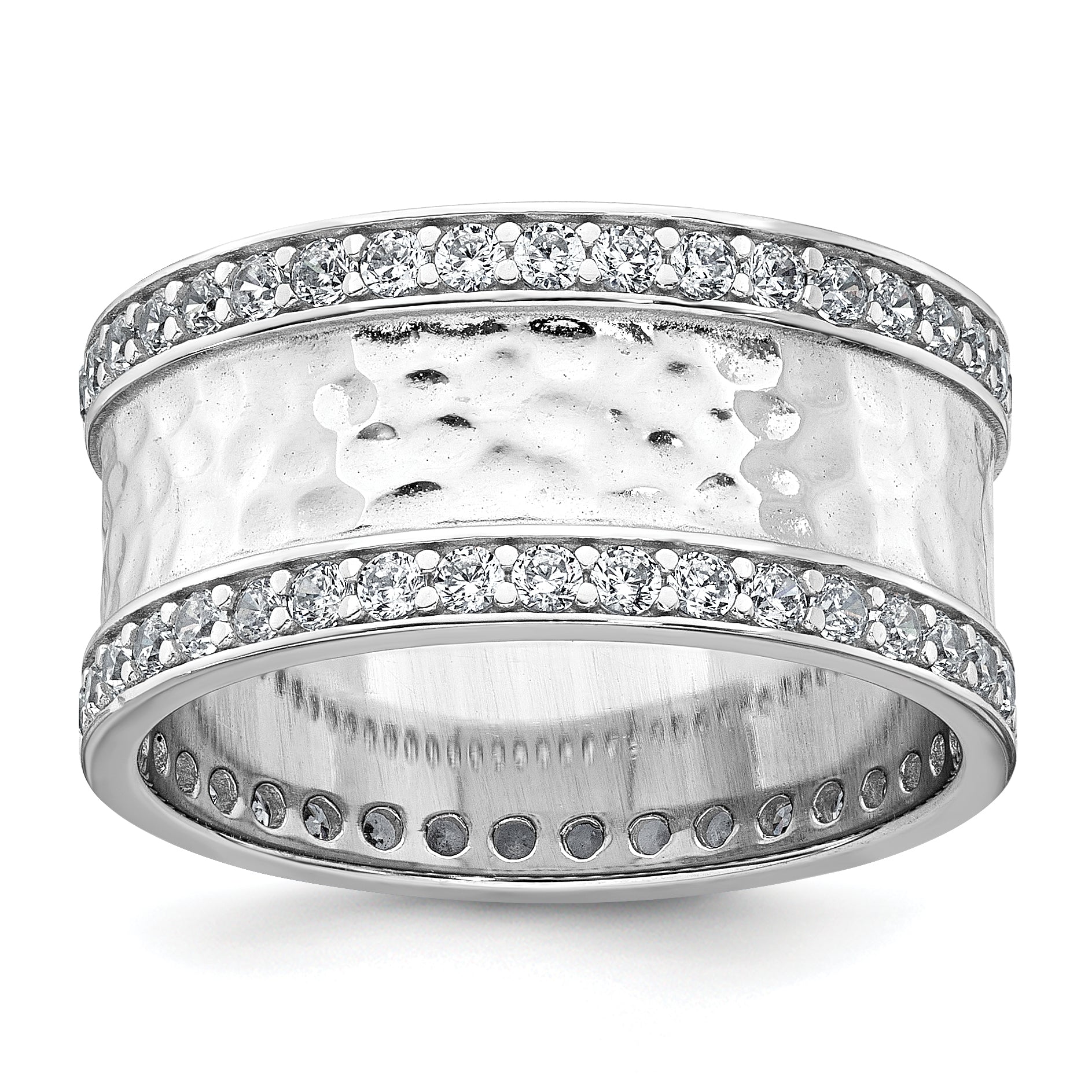 Sterling Silver Rhodium-plated CZ Polished And Hammered 9.5mm Band Size 8 Ring Main image