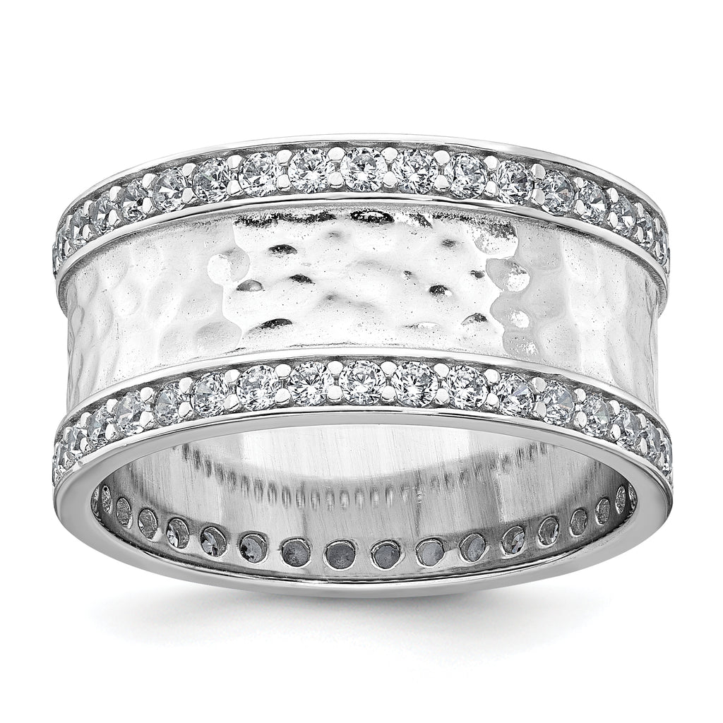 Sterling Silver Rhodium-plated CZ Polished And Hammered 9.5mm Band Size 8 Ring