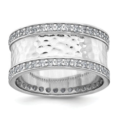 Sterling Silver Rhodium-plated CZ Polished And Hammered 9.5mm Band Size 8 Ring