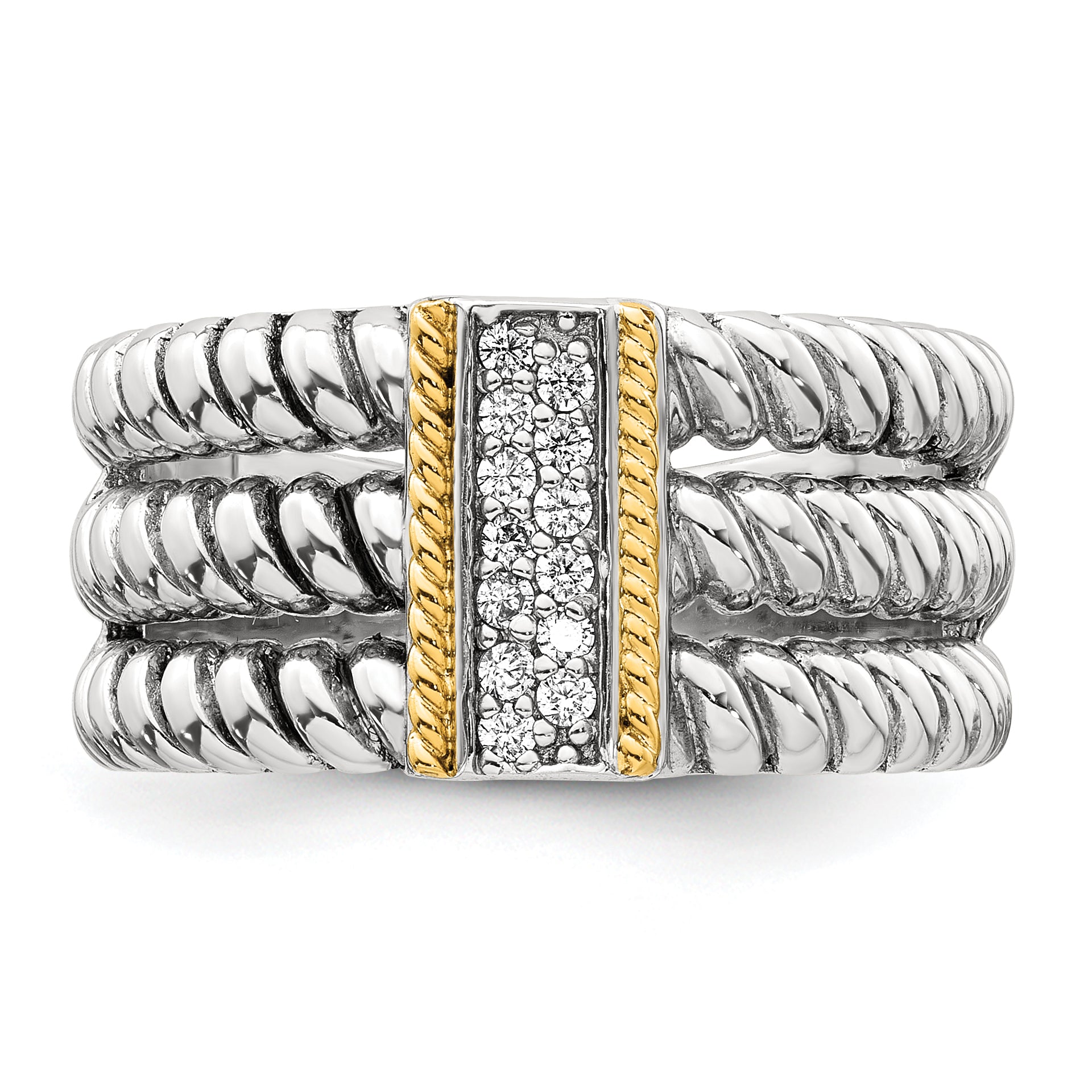 Sterling Silver with 14k Accent Antiqued Polished CZ Triple Twisted Ring