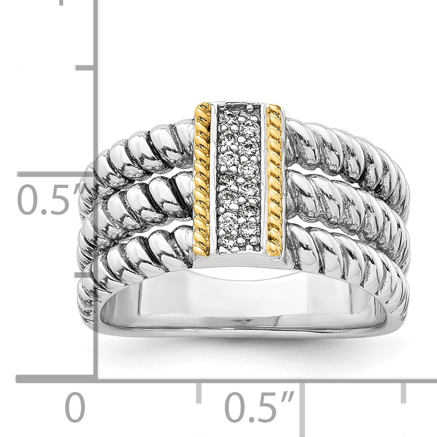 Sterling Silver with 14k Accent Antiqued Polished CZ Triple Twisted Ring