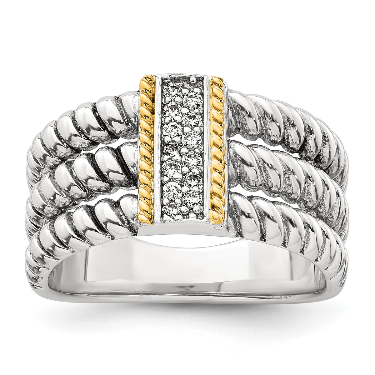 Sterling Silver with 14k Accent Antiqued Polished CZ Triple Twisted Ring