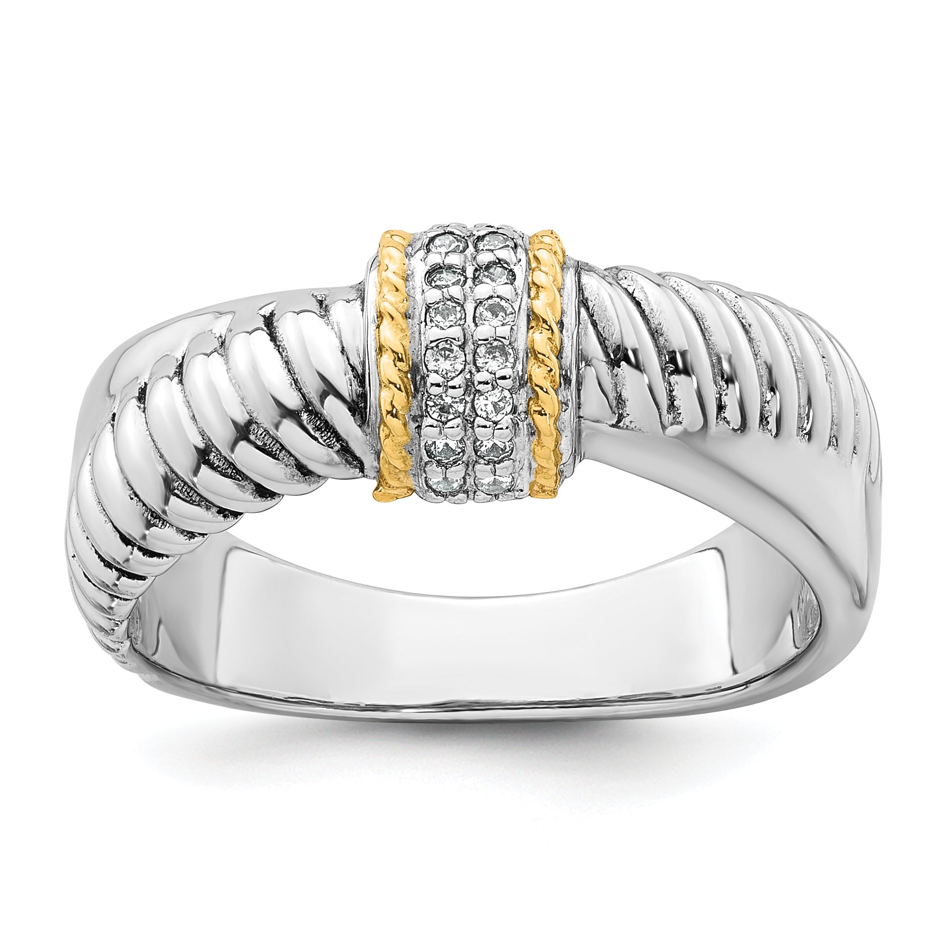 Sterling Silver Rhodium-Plated with 14k Accent Polished Cubic Zirconi Twisted Ring