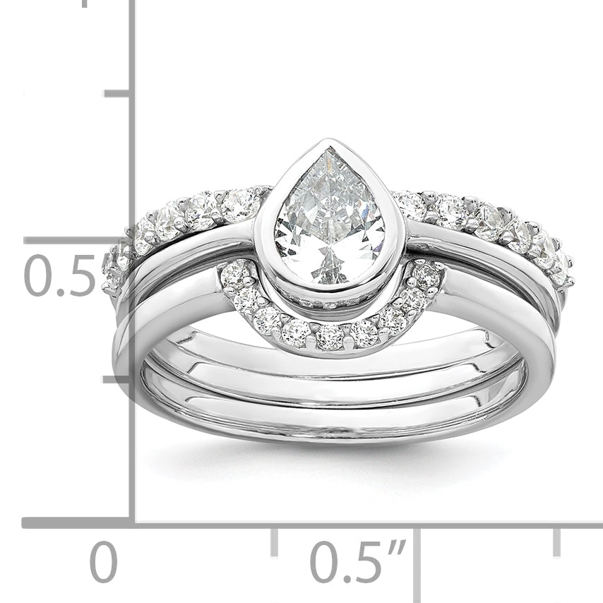 Sterling Silver Rhodium-plated Polished Pear Shape White CZ Ring with 2 Fitted CZ Bands Size 8 Three Ring Set