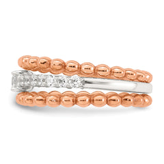 Sterling Silver and Rose-tone Polished Round White CZ Ring with 2 Beaded Bands Size 8 Three Ring Set
