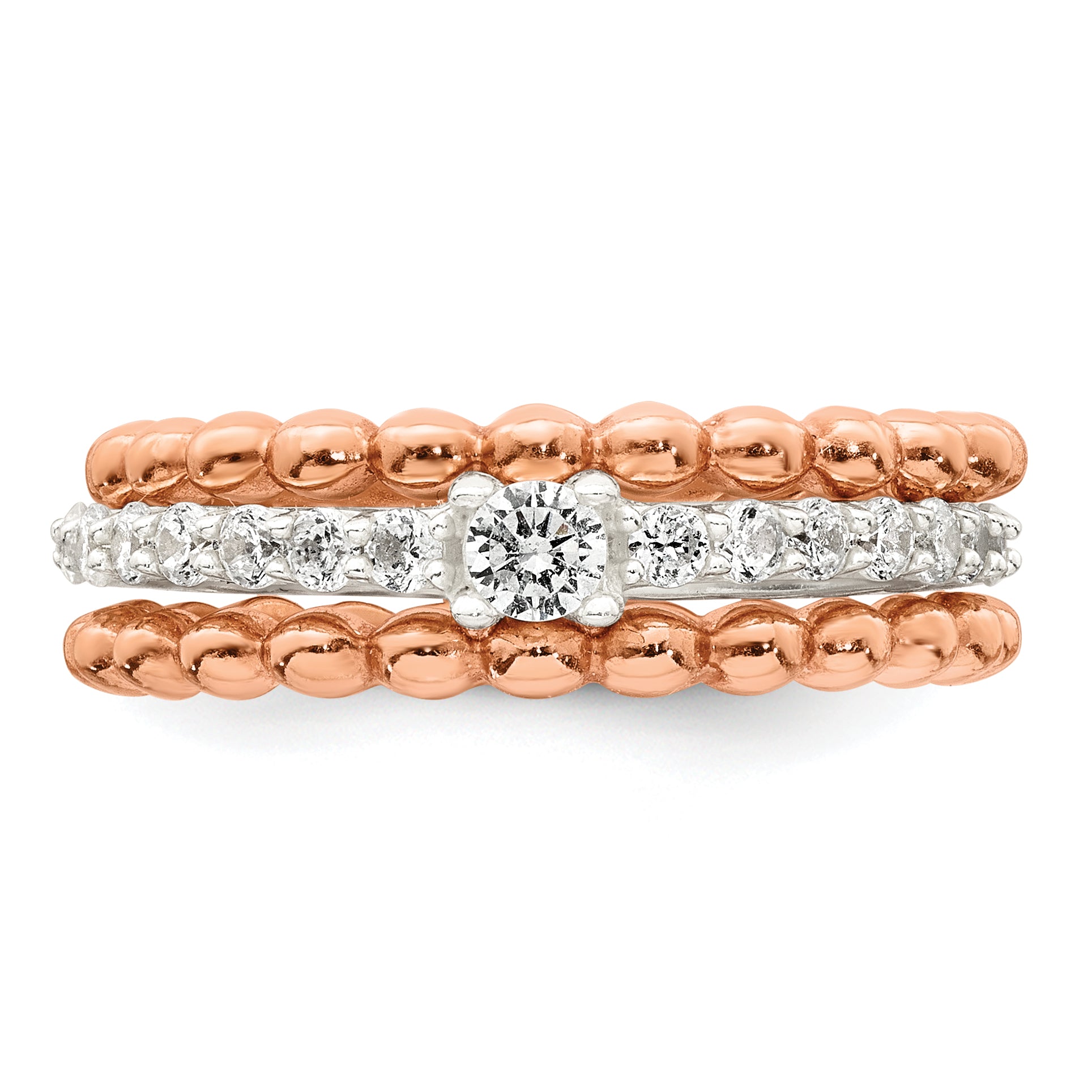 Sterling Silver and Rose-tone Polished Round White CZ Ring with 2 Beaded Bands Size 8 Three Ring Set