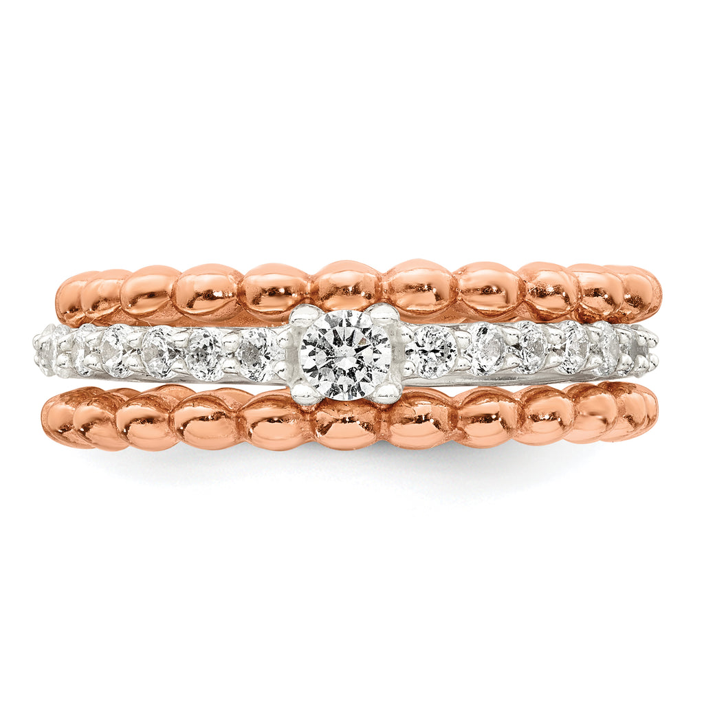 Sterling Silver and Rose-tone Polished Round White CZ Ring with 2 Beaded Bands Size 8 Three Ring Set