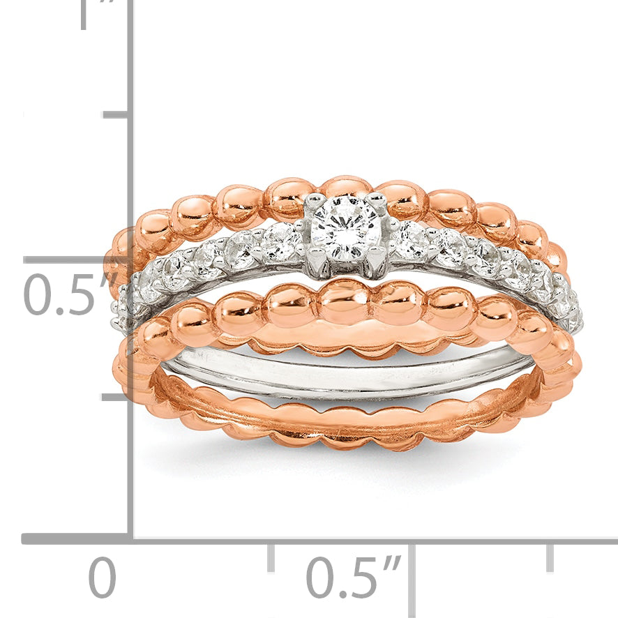 Sterling Silver and Rose-tone Polished Round White CZ Ring with 2 Beaded Bands Size 8 Three Ring Set