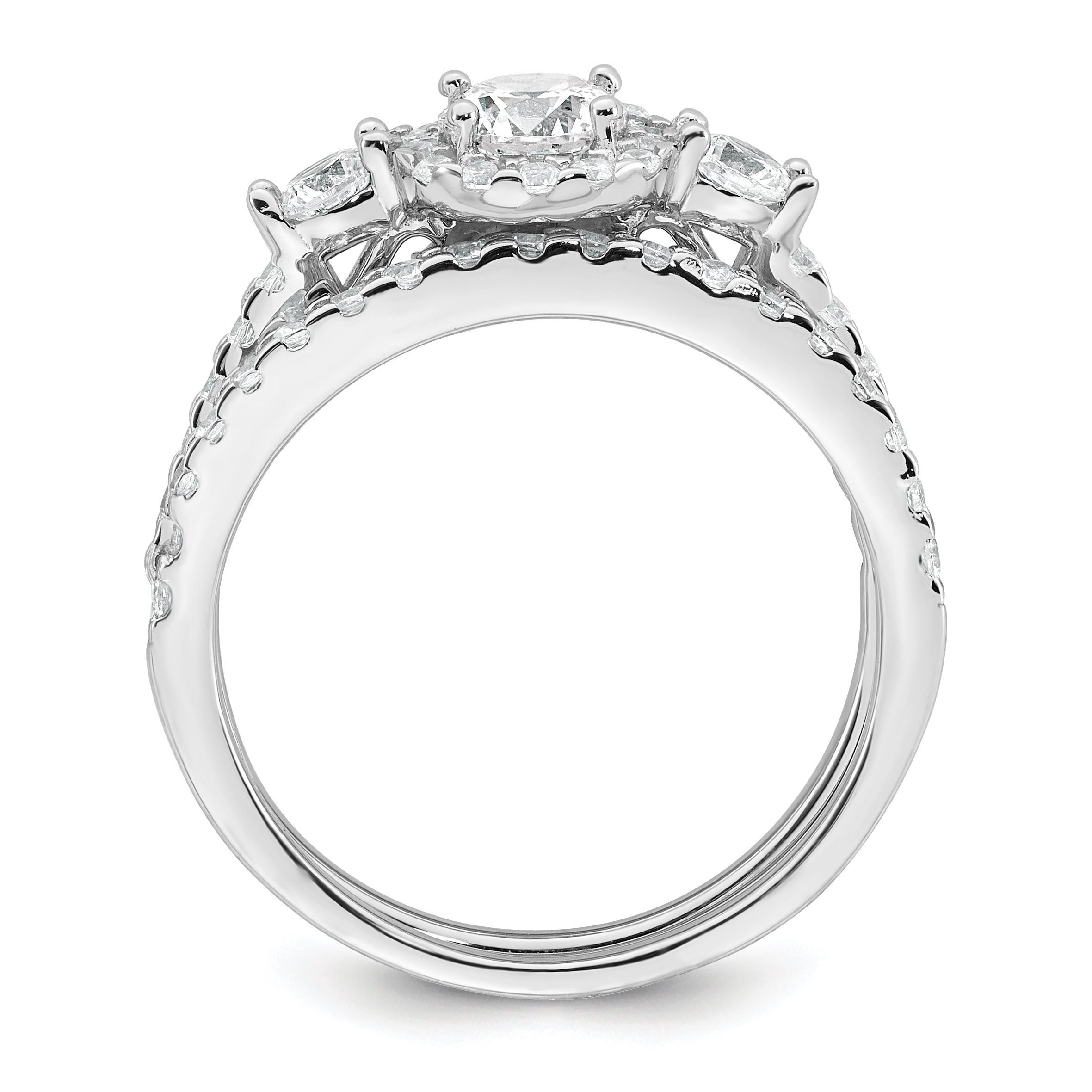 Sterling Silver Rhodium-plated Polished CZ 3-Stone Halo Size 6 Engagement Ring and Wedding Band Set Secondary image