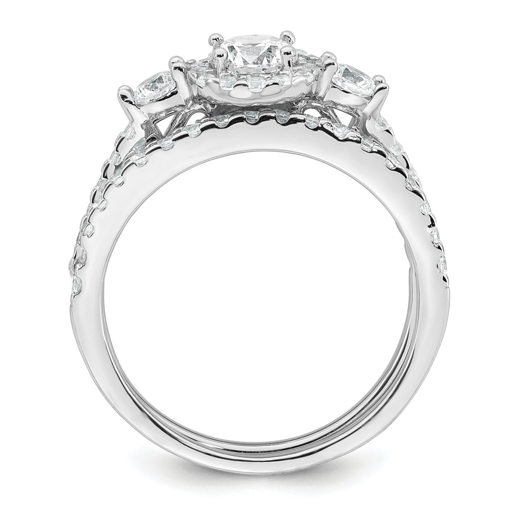 Sterling Silver Rhodium-plated Polished CZ 3-Stone Halo Size 8 Engagement Ring and Wedding Band Set