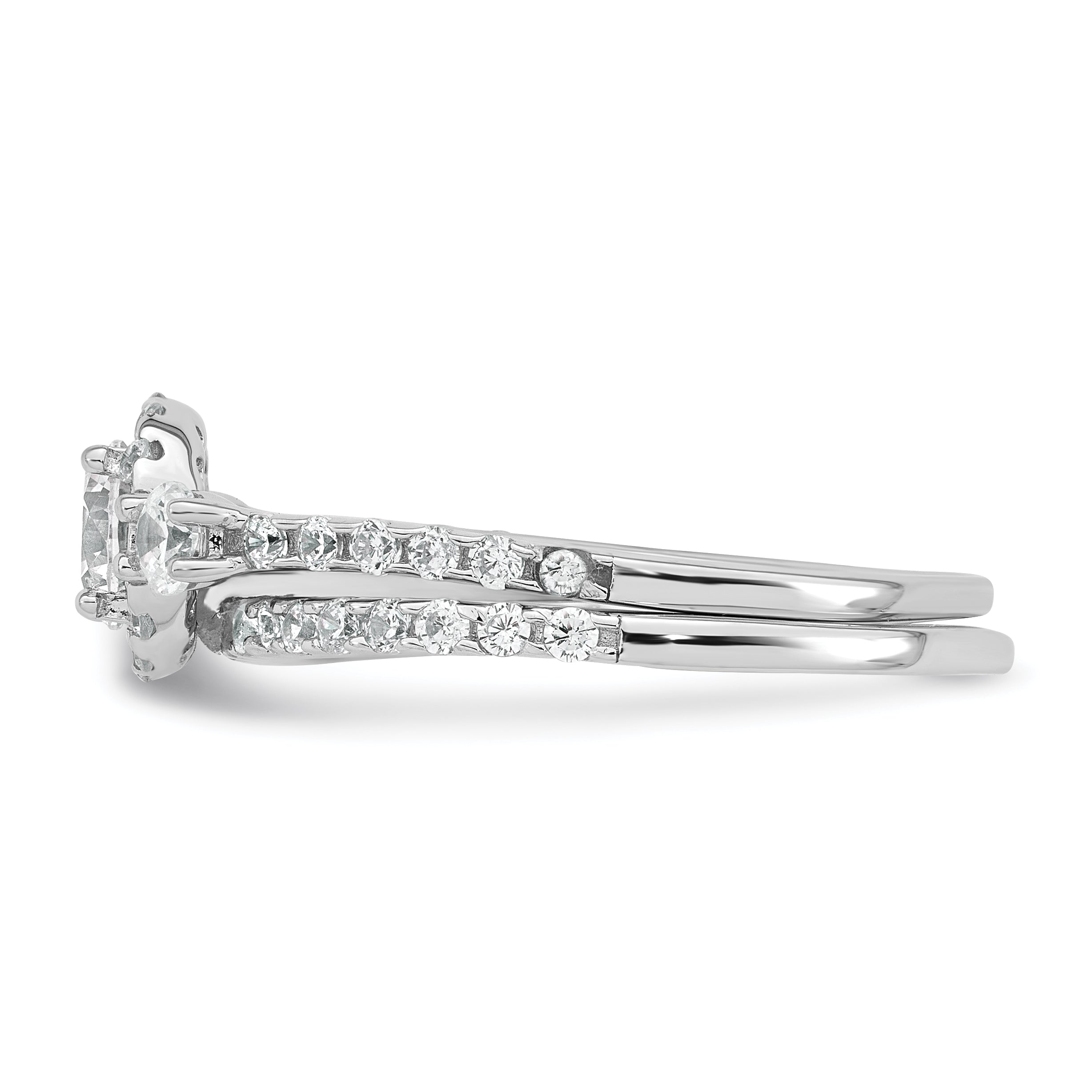 Sterling Silver Rhodium-plated Polished CZ 3-Stone Halo Size 8 Engagement Ring and Wedding Band Set