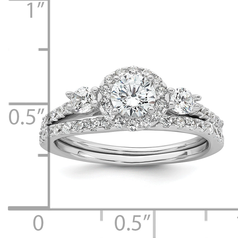 Sterling Silver Rhodium-plated Polished CZ 3-Stone Halo Size 8 Engagement Ring and Wedding Band Set