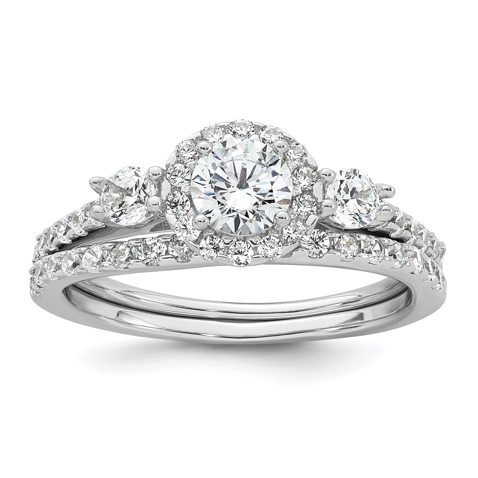 Sterling Silver Rhodium-plated Polished CZ 3-Stone Halo Size 8 Engagement Ring and Wedding Band Set Main image
