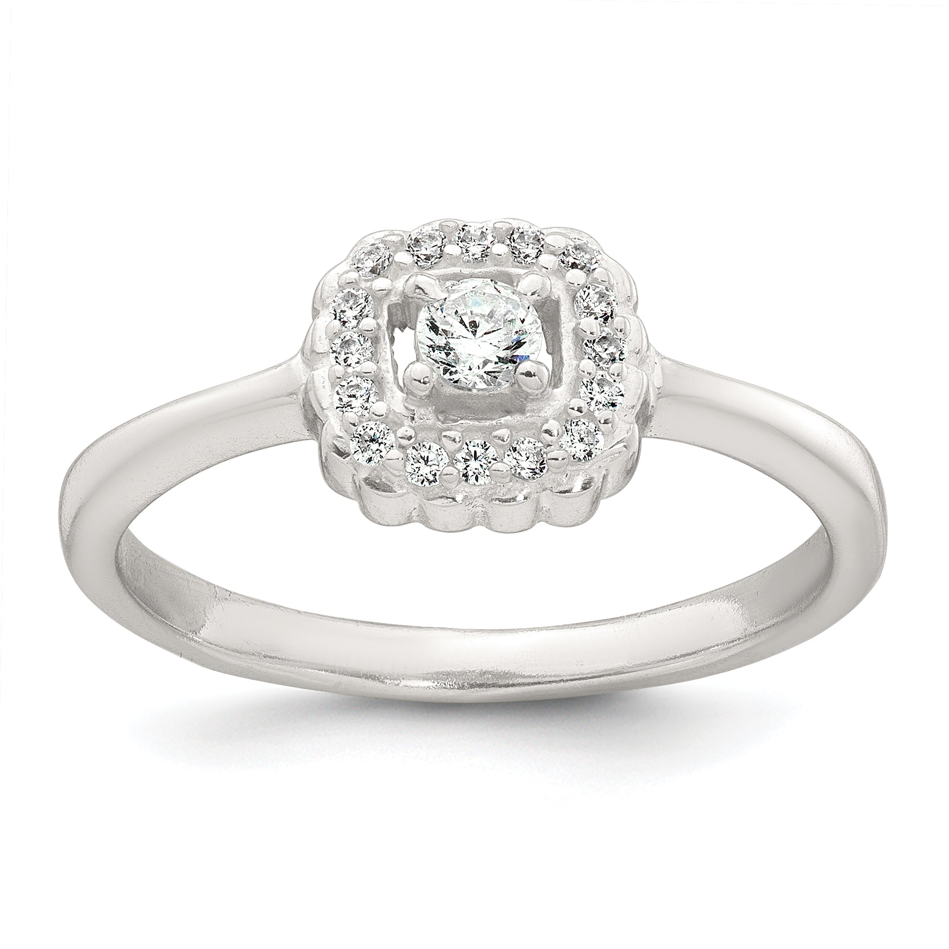 Sterling Silver Polished Round White CZ Cushion Halo Size 8 Ring Main image