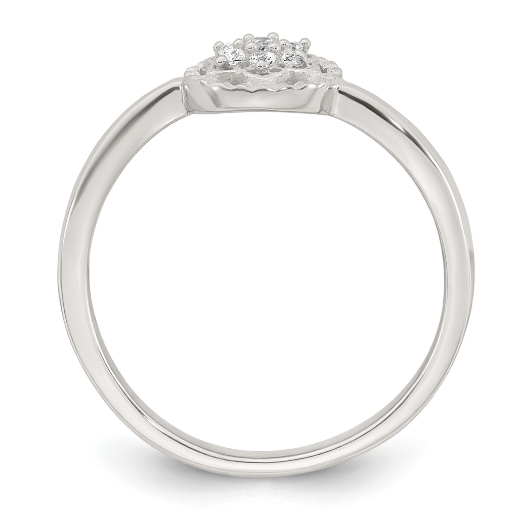 Sterling Silver Polished and Grooved White CZ Flower with Wavy Shank Size 8 Ring