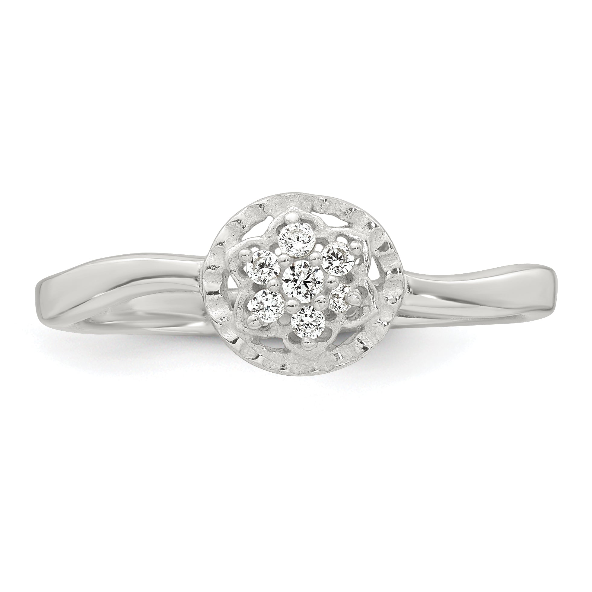 Sterling Silver Polished and Grooved White CZ Flower with Wavy Shank Size 8 Ring