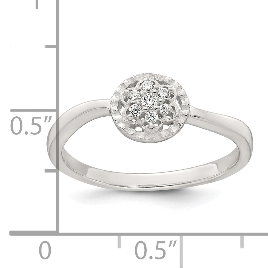 Sterling Silver Polished and Grooved White CZ Flower with Wavy Shank Size 8 Ring