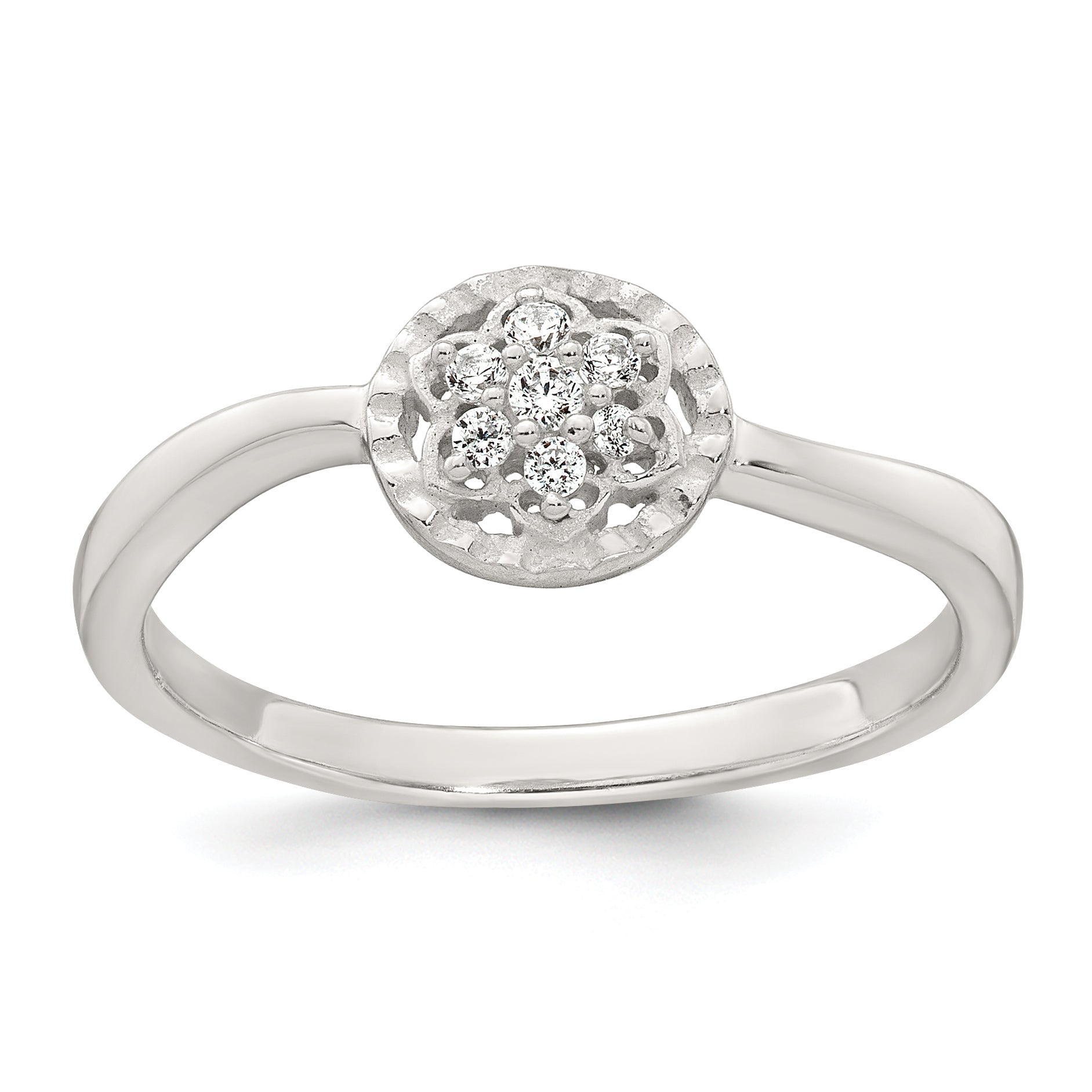 Sterling Silver Polished and Grooved White CZ Flower with Wavy Shank Size 8 Ring Main image