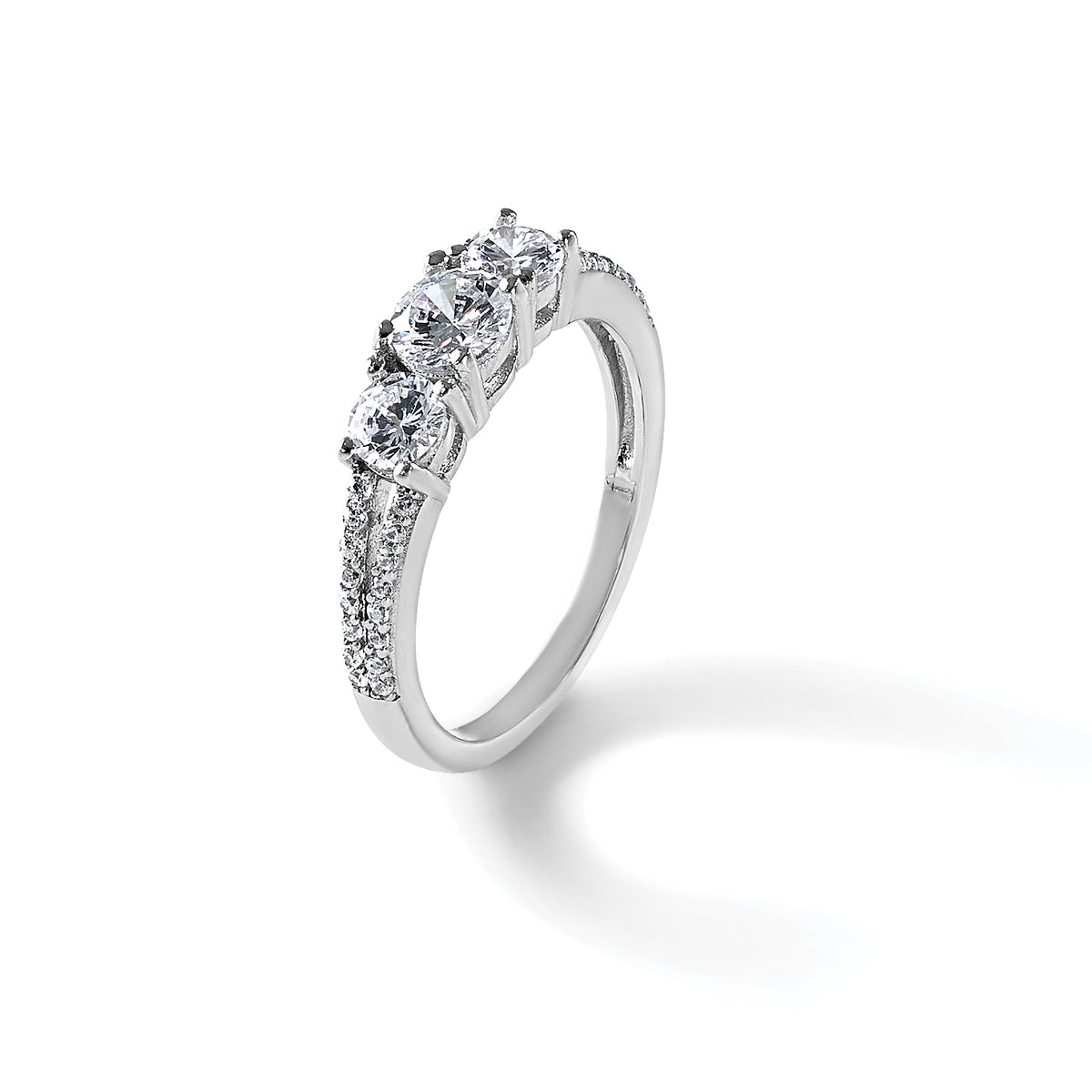 Sterling Silver Rhodium-plated Polished CZ Three Stone Split Shank Size 8 Ring