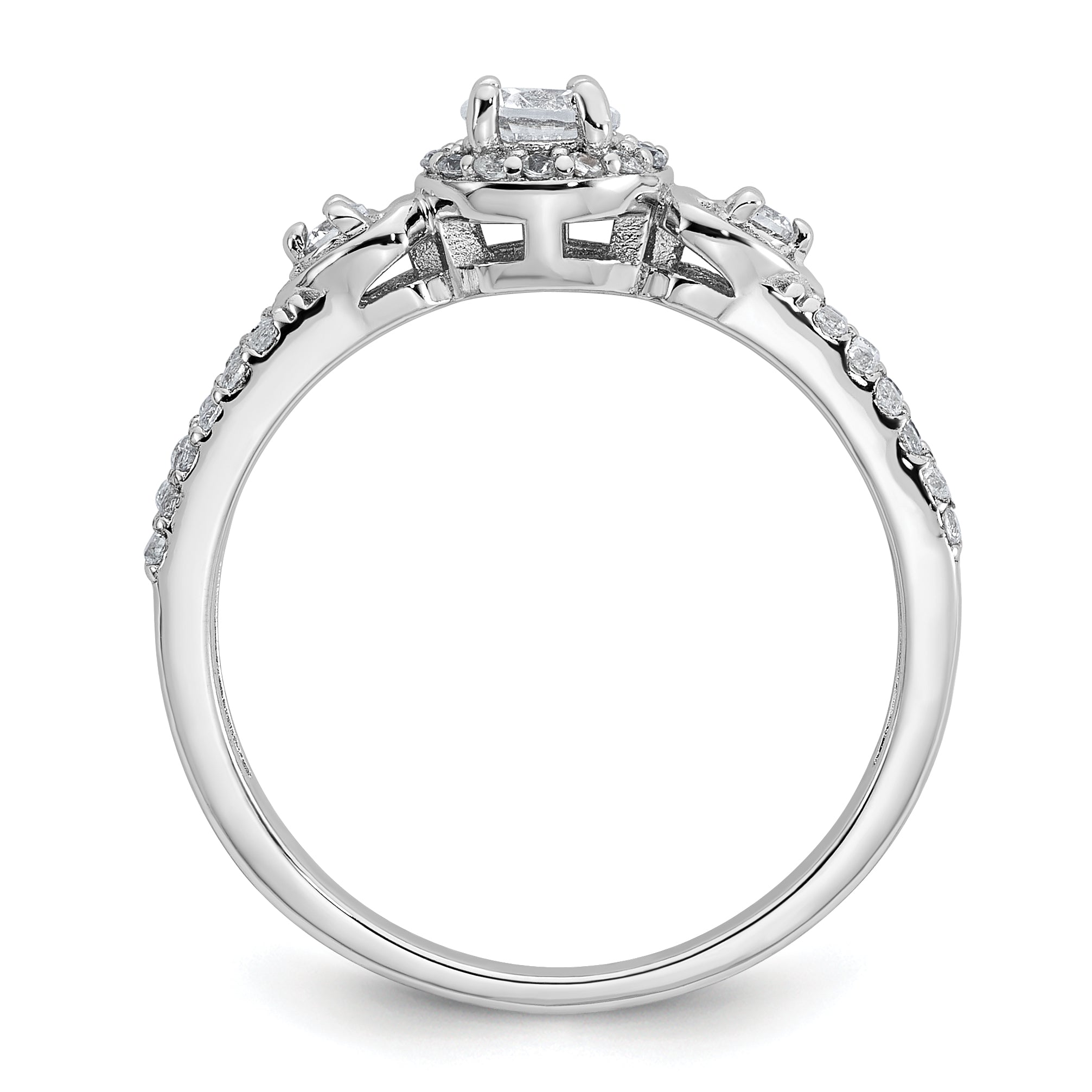 Sterling Silver Rhodium-plated Polished Round CZ Halo Double Side Heart Split Shank Size 6 Ring Secondary image