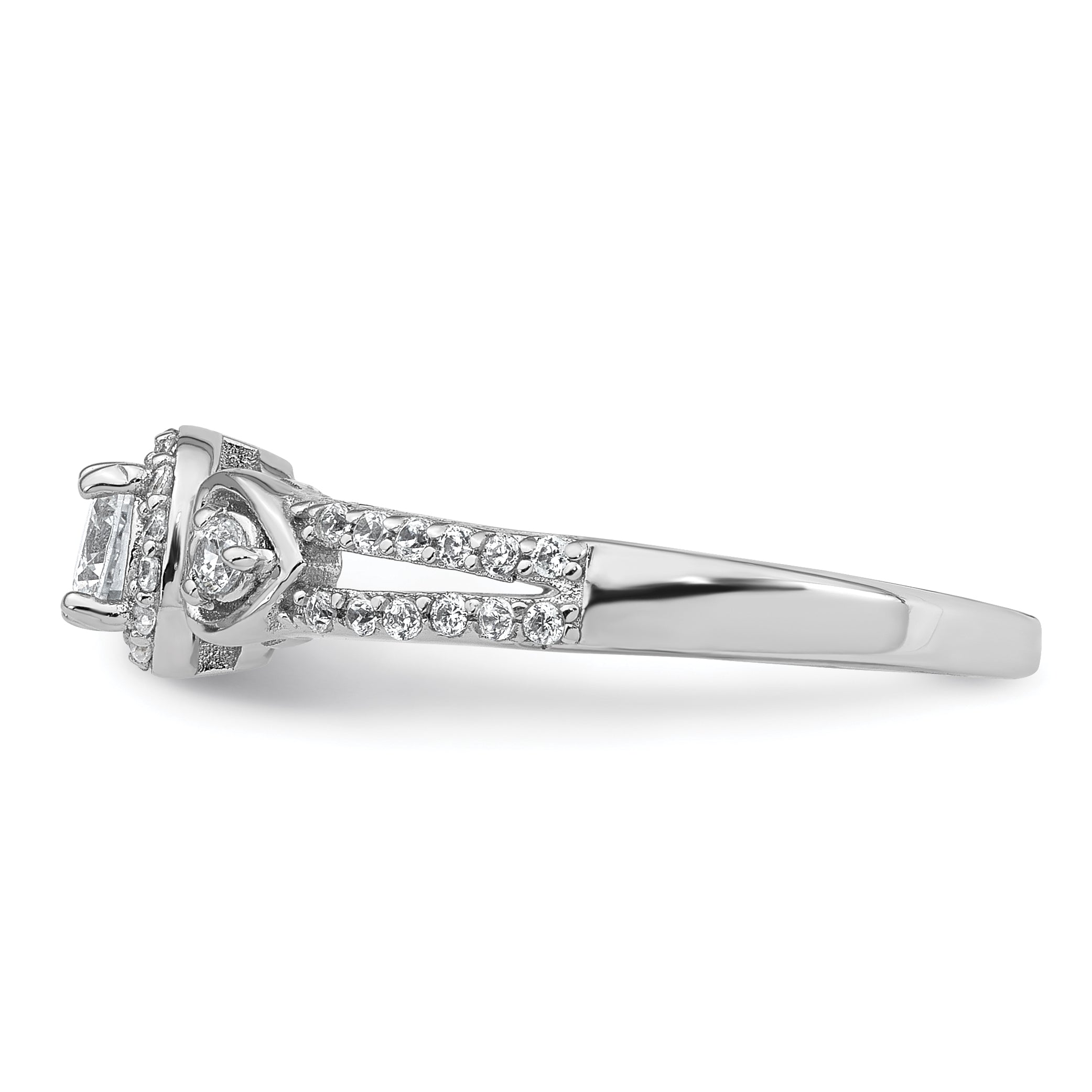 Sterling Silver Rhodium-plated Polished Round CZ Halo Double Side Heart Split Shank Size 8 Ring